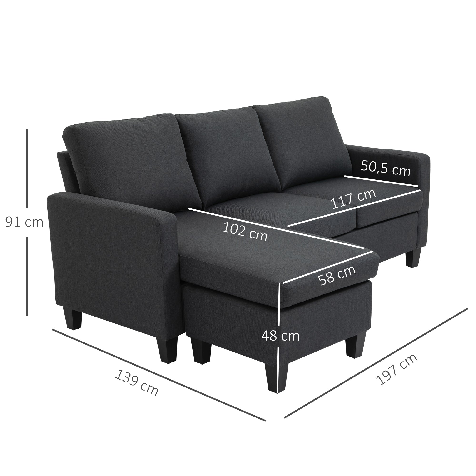 Corner Sofa L-Shape Reversible Chaise Longue 197x139x91cm Dark Grey Linen