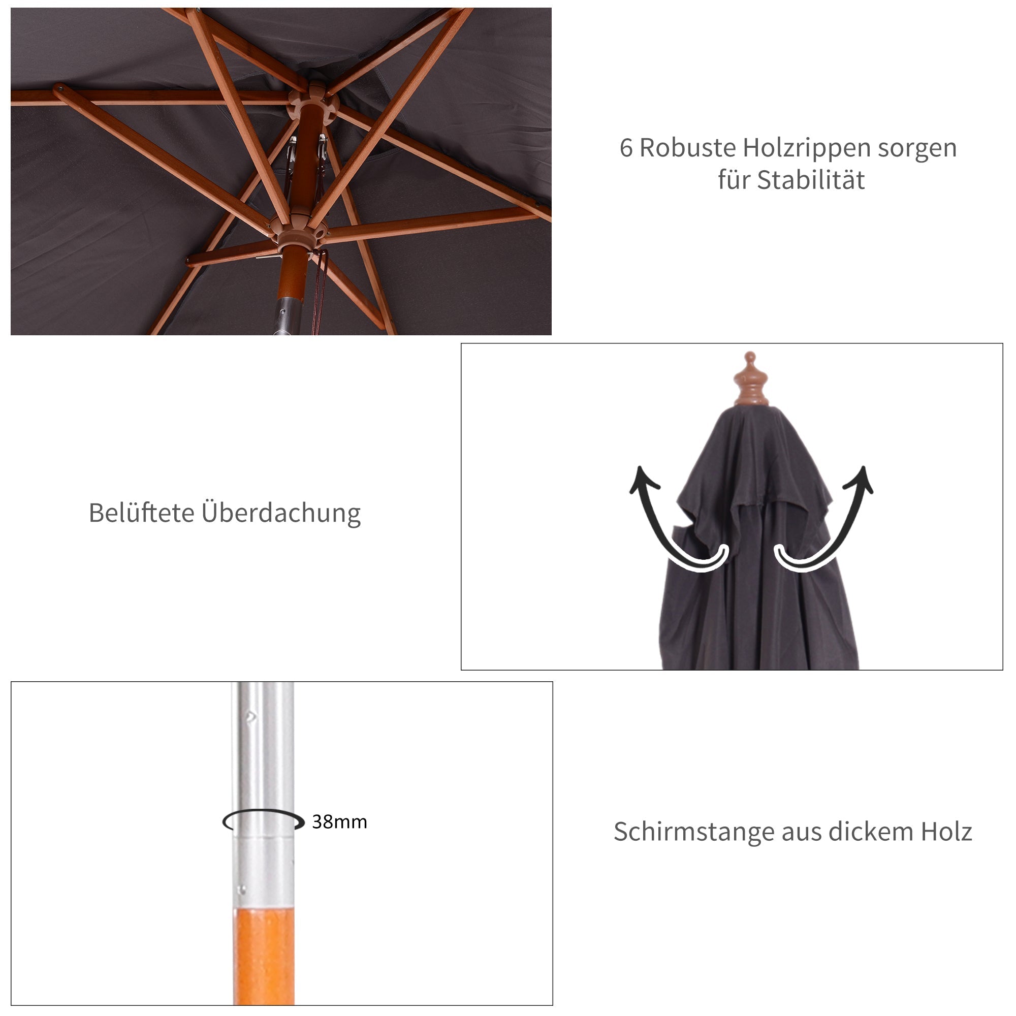Folding Garden Parasol 3-Stage Adjustable Fir Wood Dark Grey