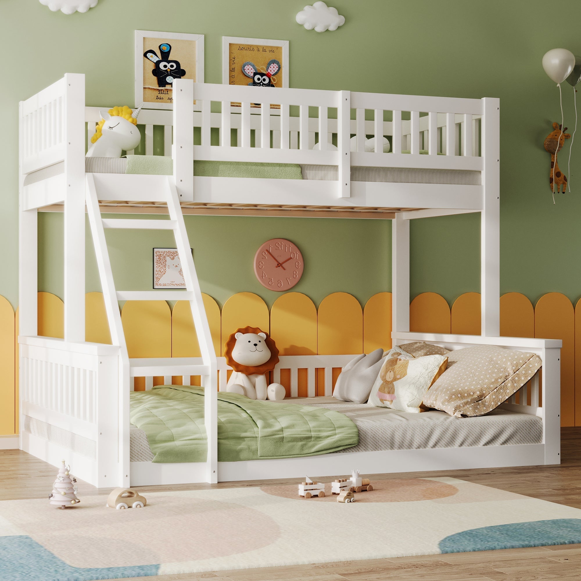 Bunk Bed 90x200cm/140x200cm Mixed Size with Ladder & Rail White