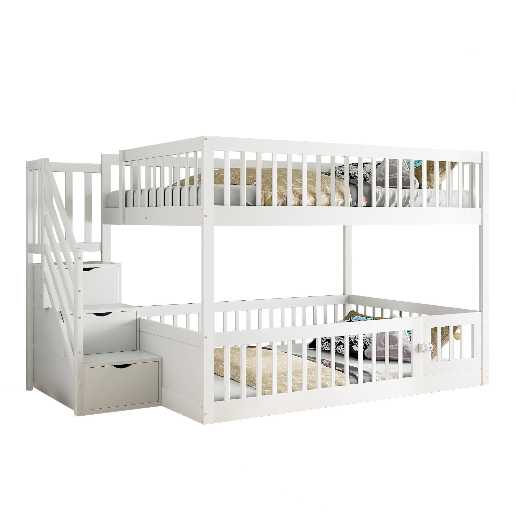 Bunk Bed 140x200, with Safety Stairs and Storage Drawers, White Wood