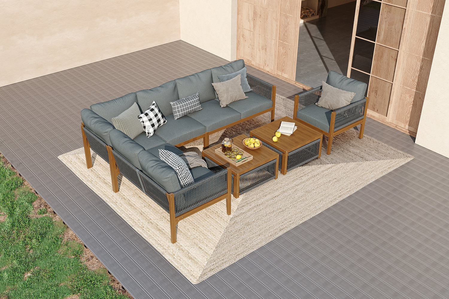 Garden Lounge Set for 7-8 People with Sofa, Table and Washable Cushions, Natural and Grey