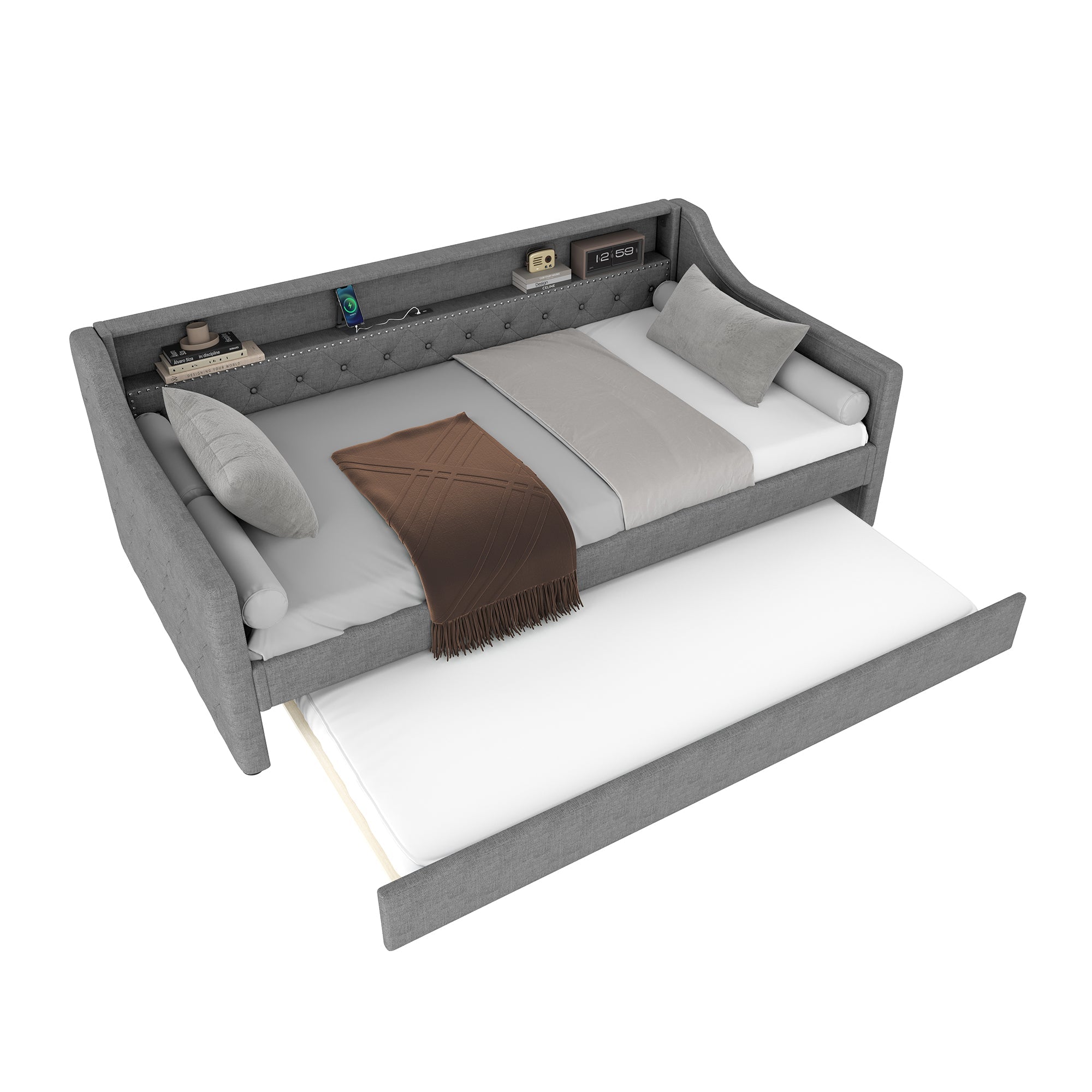 Daybed Sofa Bed 90x200cm Pull-out Bed LED USB - Linen Grey