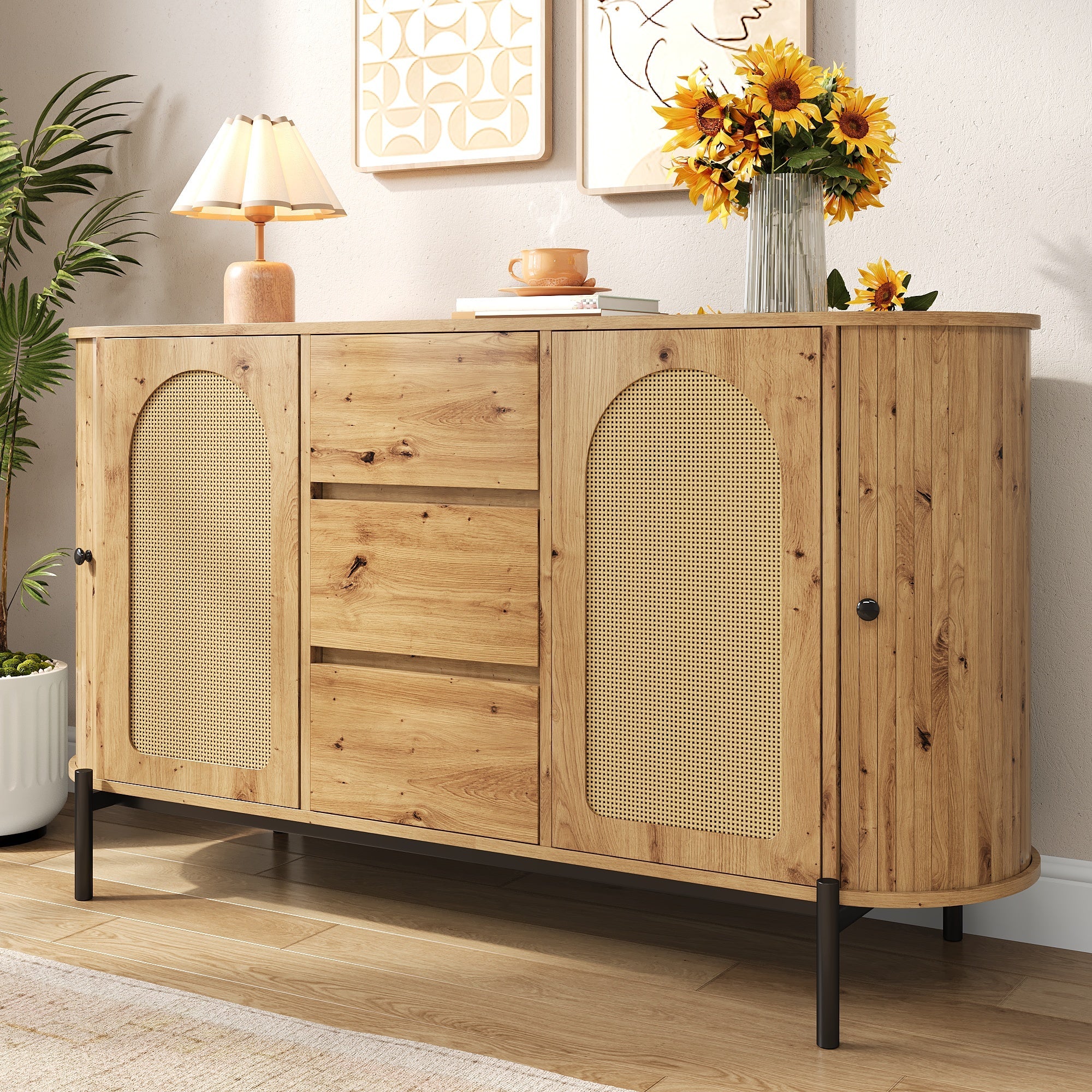 Oval Sideboard with Rattan Sliding Doors and Drawers, Adjustable Compartments and Metal Legs, Wood Look