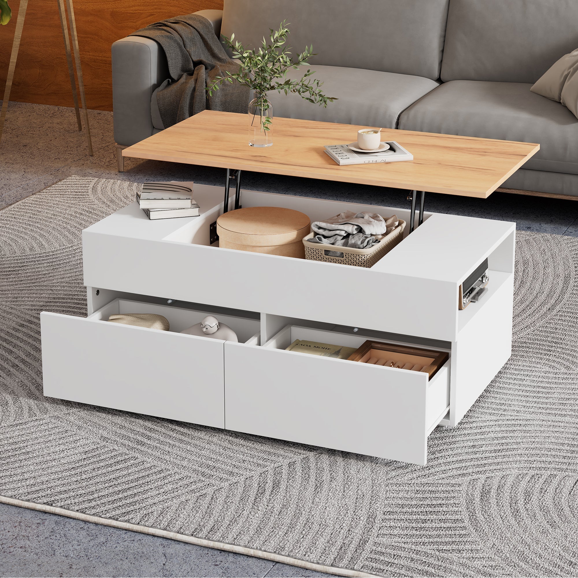 Coffee table height-adjustable with hidden storage, 2 drawers, white + wood color