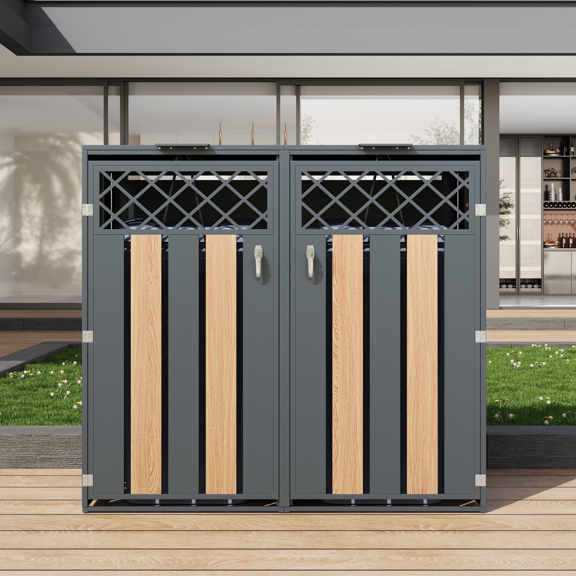Garbage Can Storage Box with Hinged Lid and Lockable Double Doors, Diamond-Shaped Ventilation, Metal