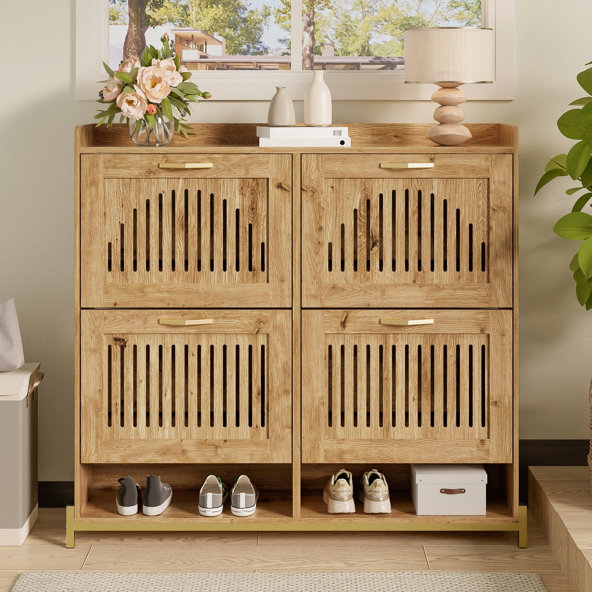 Shoe Cabinet 4 Doors, Vertical Slatted, Space-Saving with Shelf, Wood/Metal