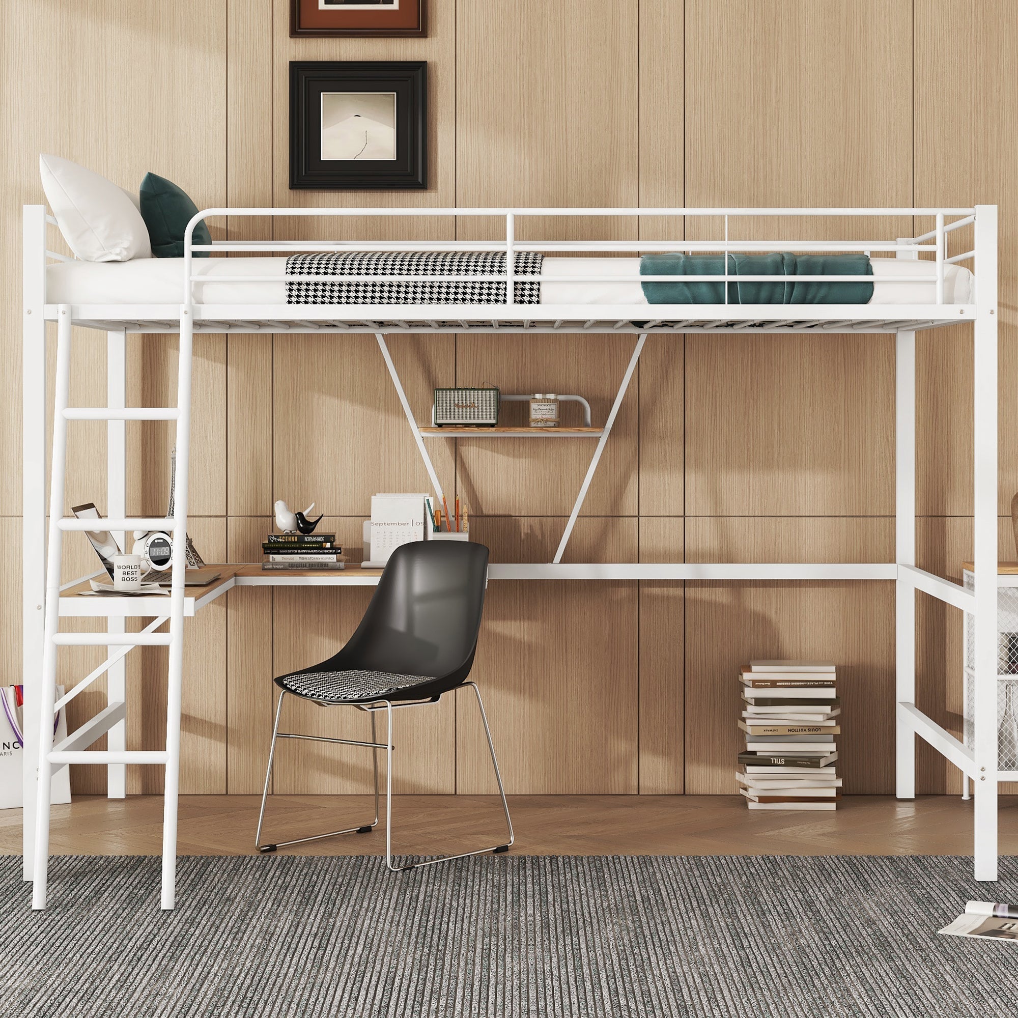 Loft Bed with L-Shaped Desk and Shelf, 90x200cm Metal Frame, White