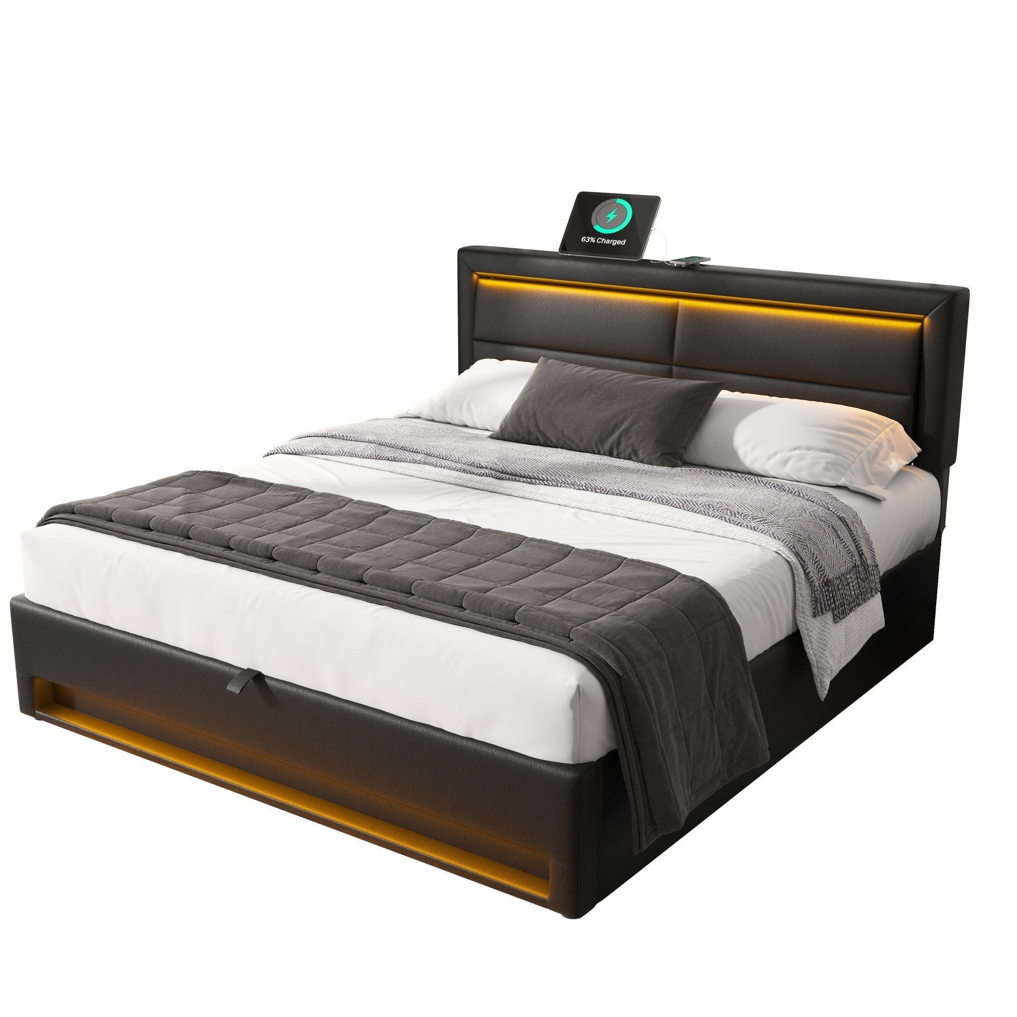 Upholstered Bed with USB, LED and Storage, 160x200cm, Black PU Lychee Pattern