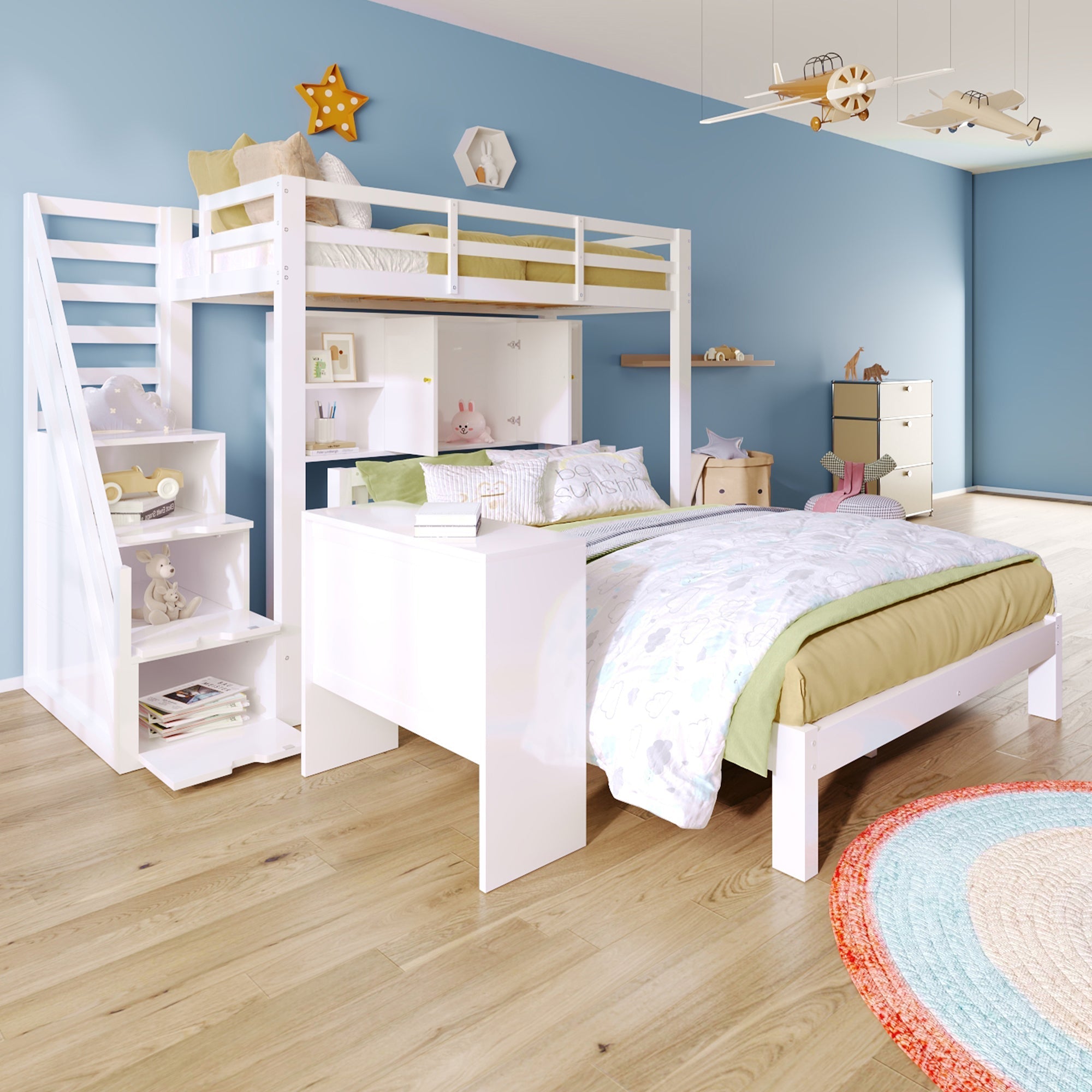 Children's Bunk Bed with Storage Stairs and Movable Side Table, 90x200cm and 140x200cm, White