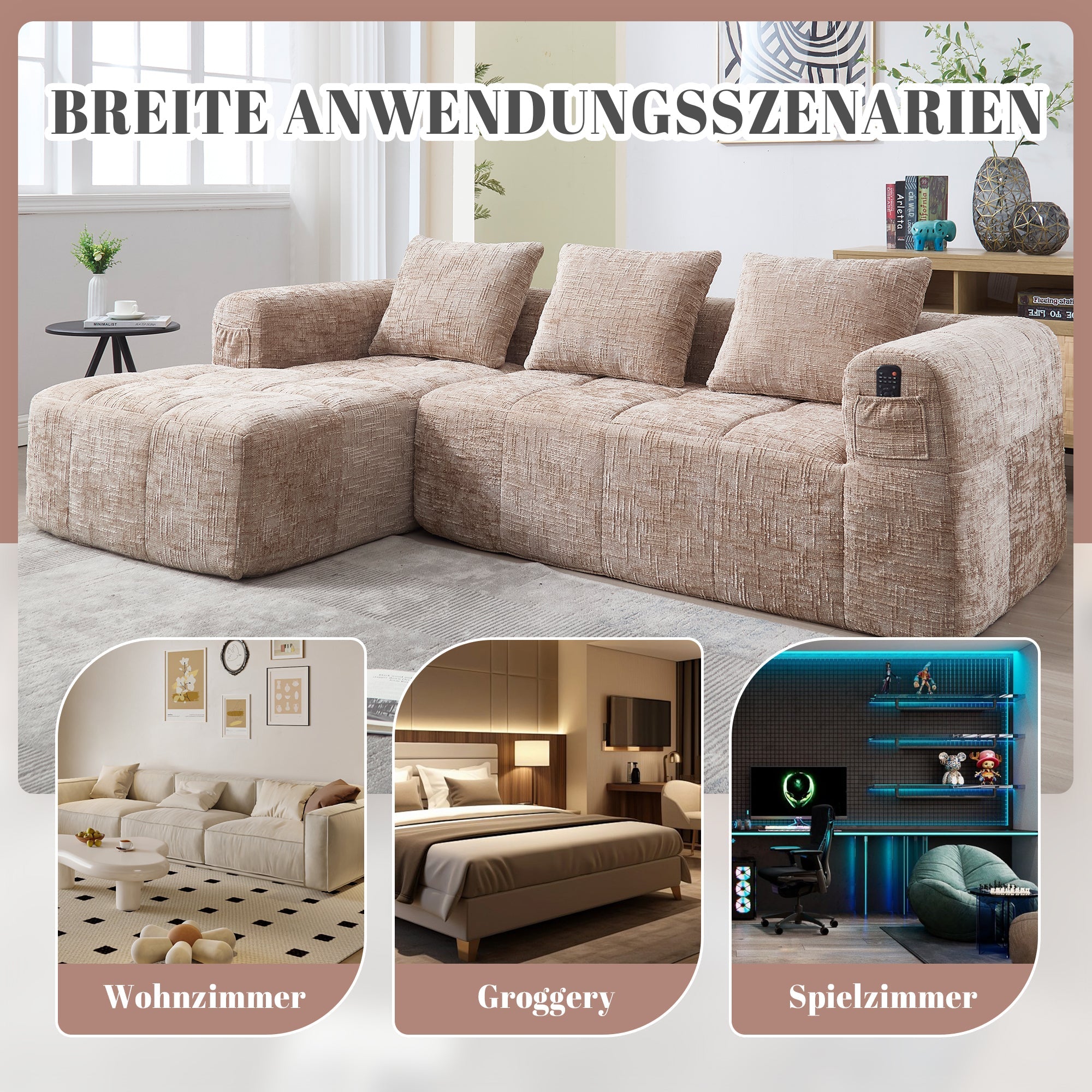 Modern Sectional Sofa L-Shaped 3-Seater Chaise Lounge Chenille Khaki