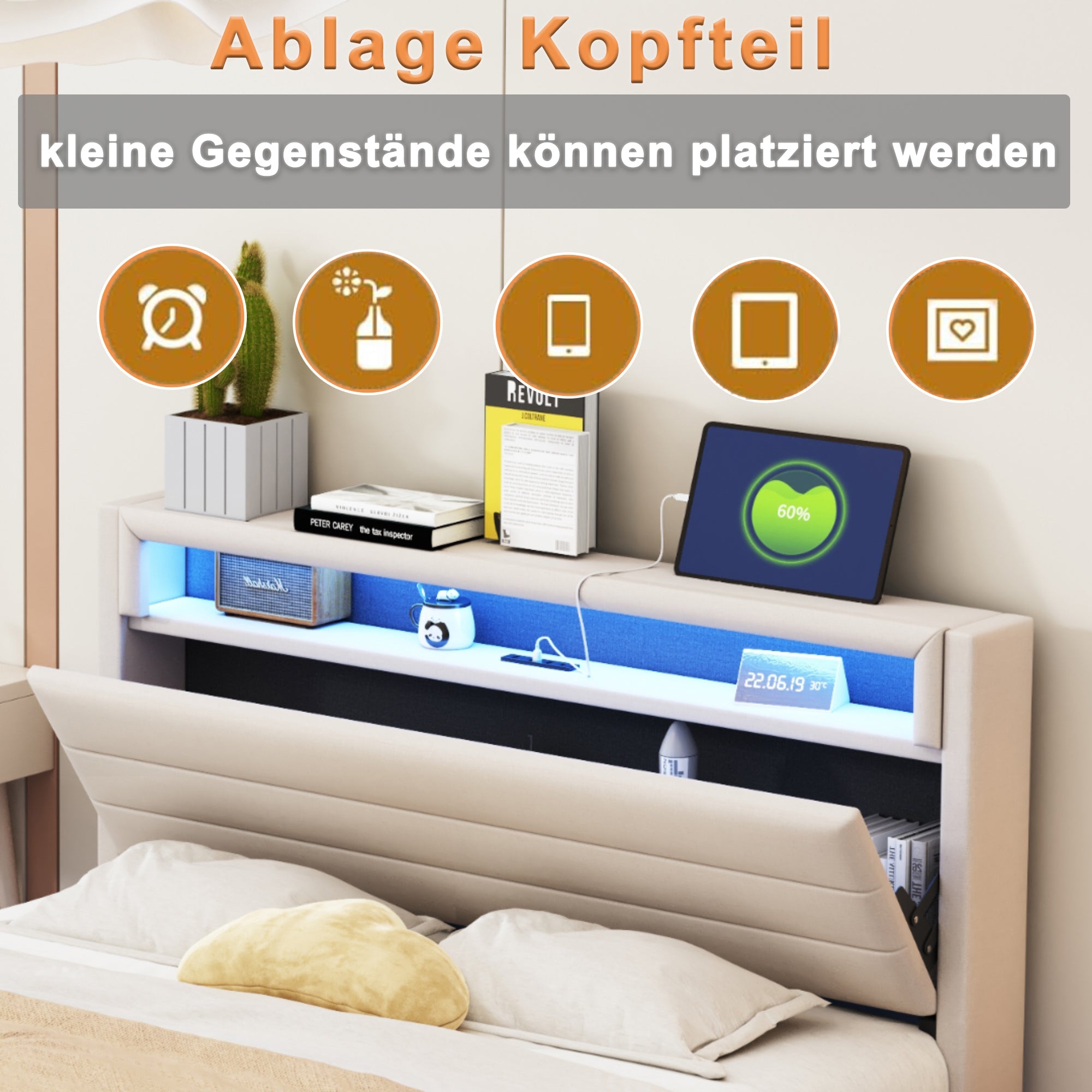 Upholstered Bed, Hydraulic Floating with Storage, USB & LED, Reversible Headboard, Linen Beige