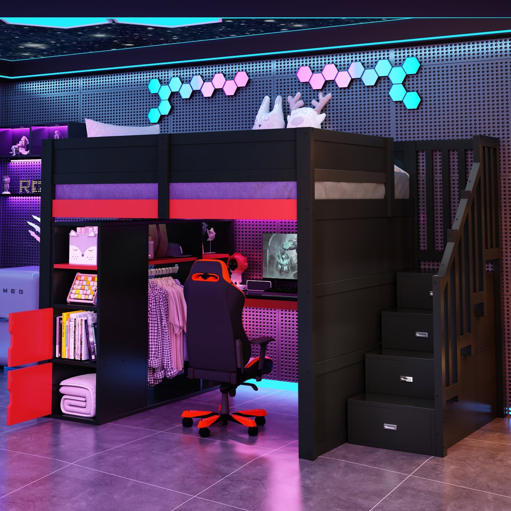 Gaming Wooden Loft Bed with Desk, Multi-Tier Storage, LED Lighting, USB Port and Staircase, Black and Red