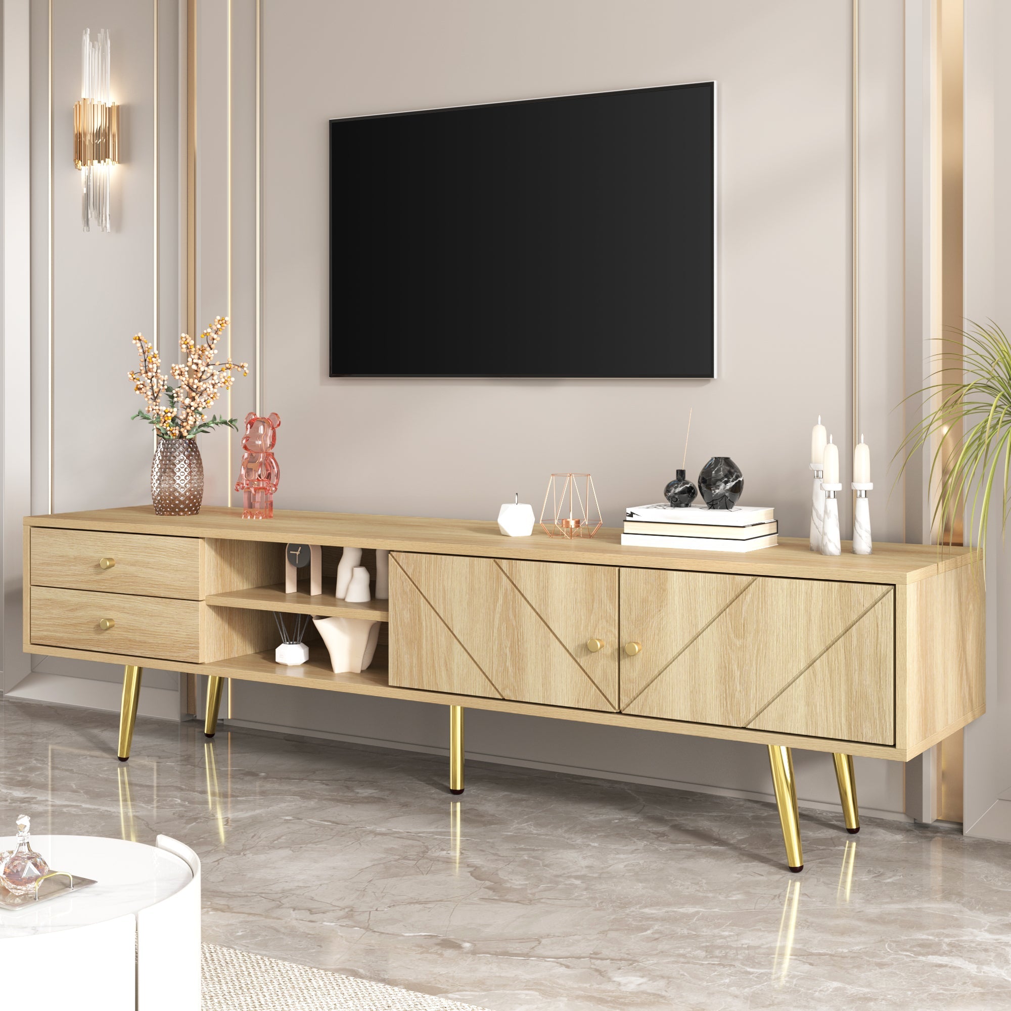 TV Cabinet 160cm, Gold Feet, Two Drawers, Unique Doors