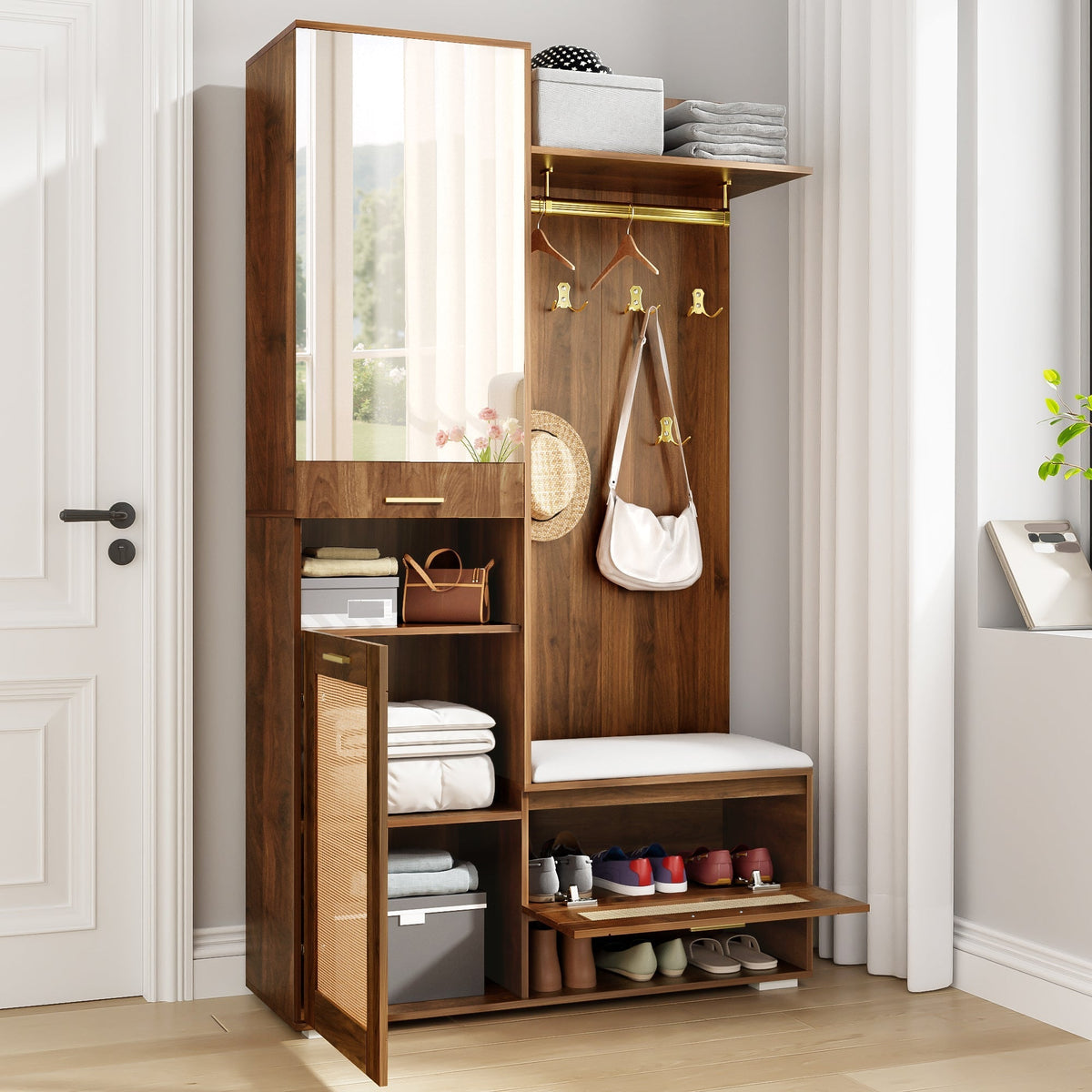 Wardrobe Set Mirror Shoe Cabinet Bench 6 Hooks - 16-Color LED Lighting