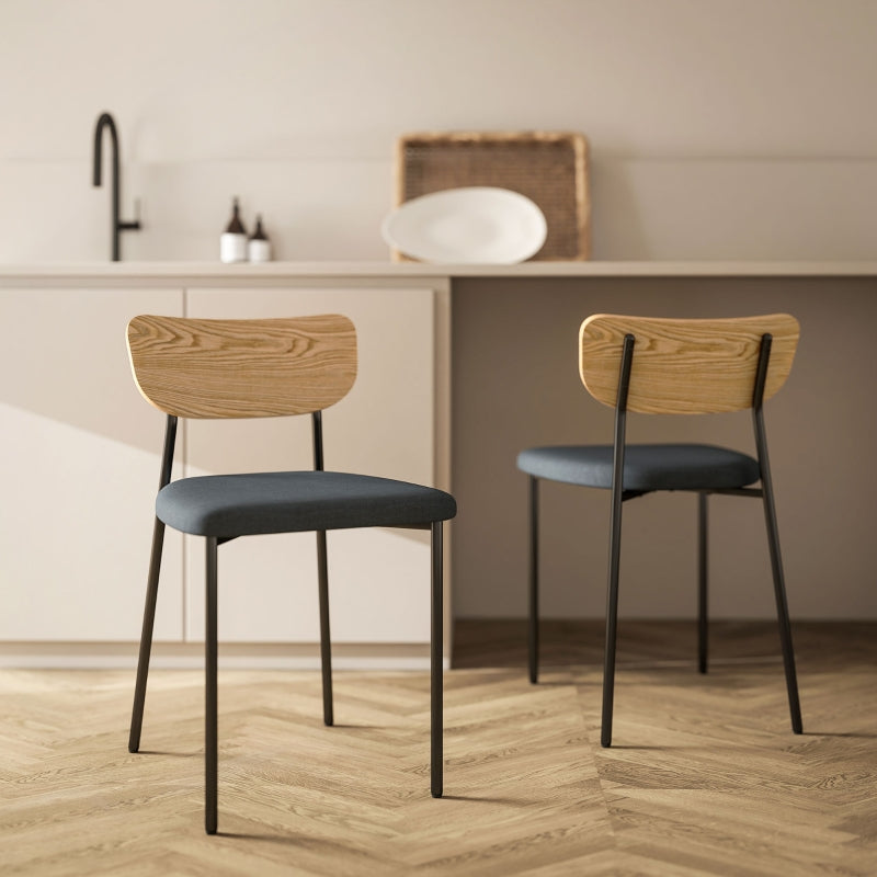 Dining Chairs Set of 2, Armless, Upholstered Steel Legs, Grey Linen Look