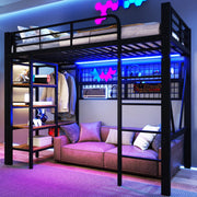 Loft Bed with Storage Shelves, Clothes Rail and LED Light Strip, Black Metal