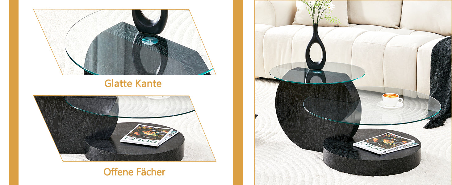 Modern Minimalist Coffee Table with Two-Layer Safety Glass and Multi-Tiered Design, Black Wood Grain Finish