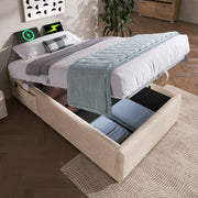 Upholstered Single Bed 90×200 cm Storage Frame USB-C Slatted Base, Linen Natural