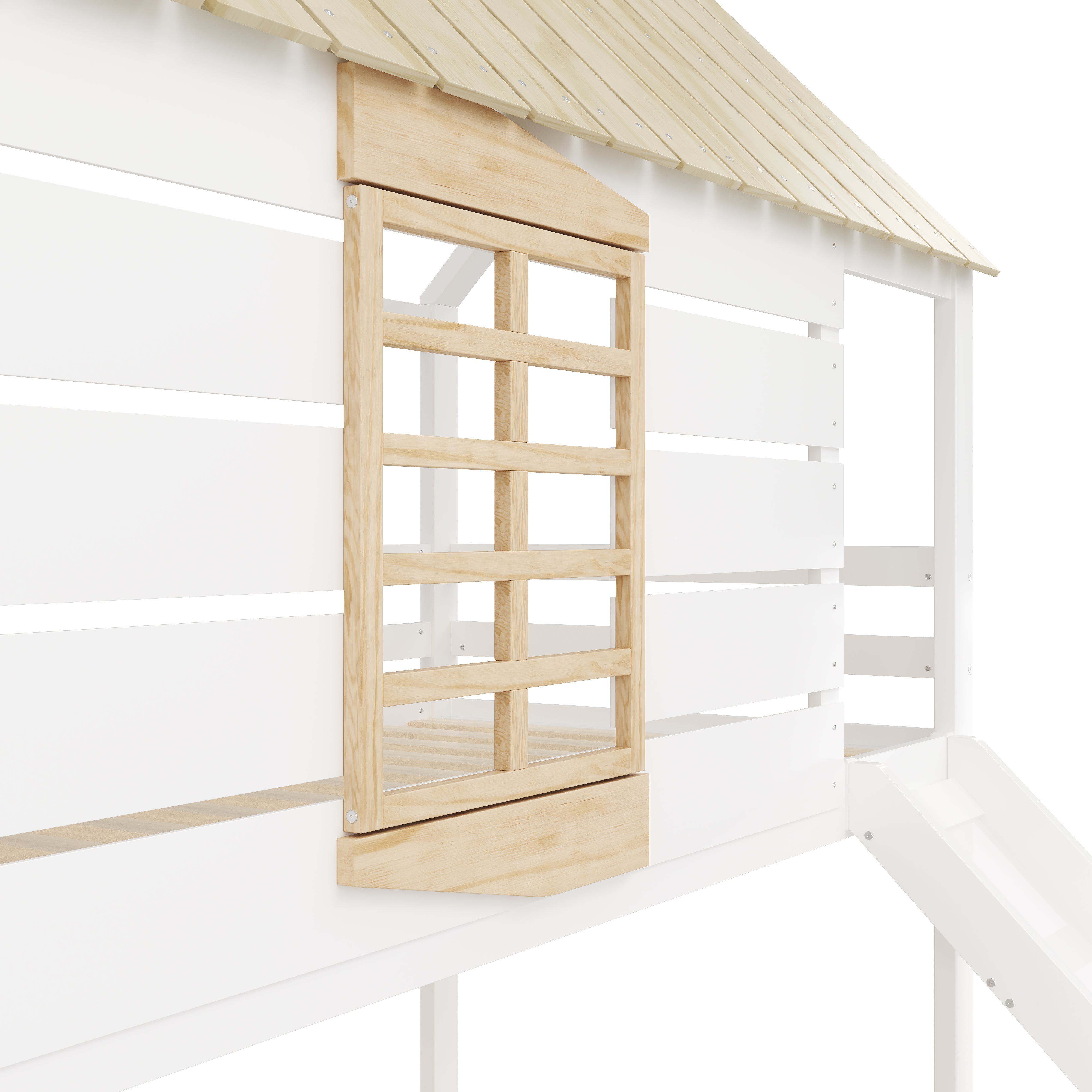 House-Shaped Bunk Bed with Slide and Pull-Out Bed, 90x200, White and Natural Pine