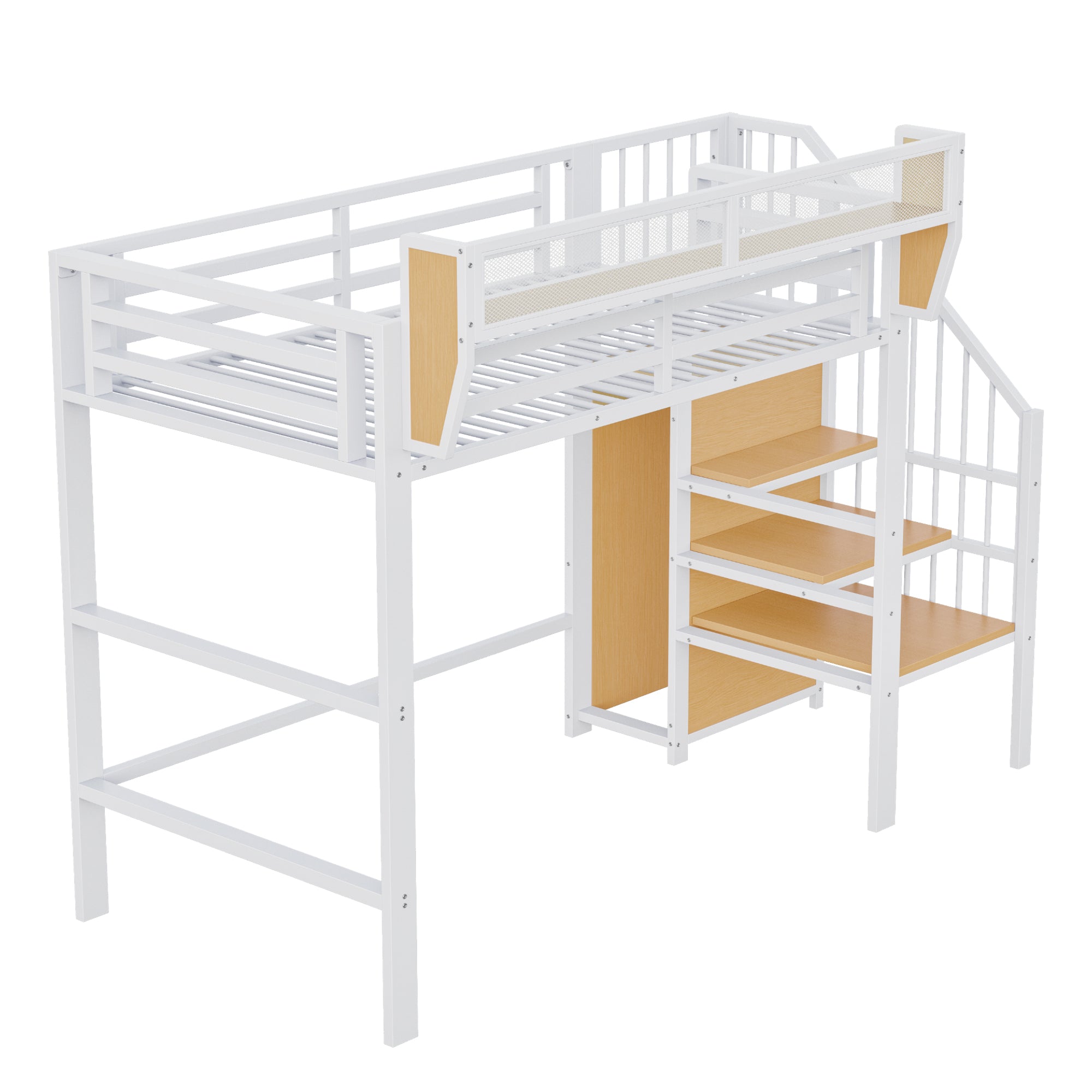 Loft Bed with Safety Ladder and Flexible Storage, 90x200cm, White Metal