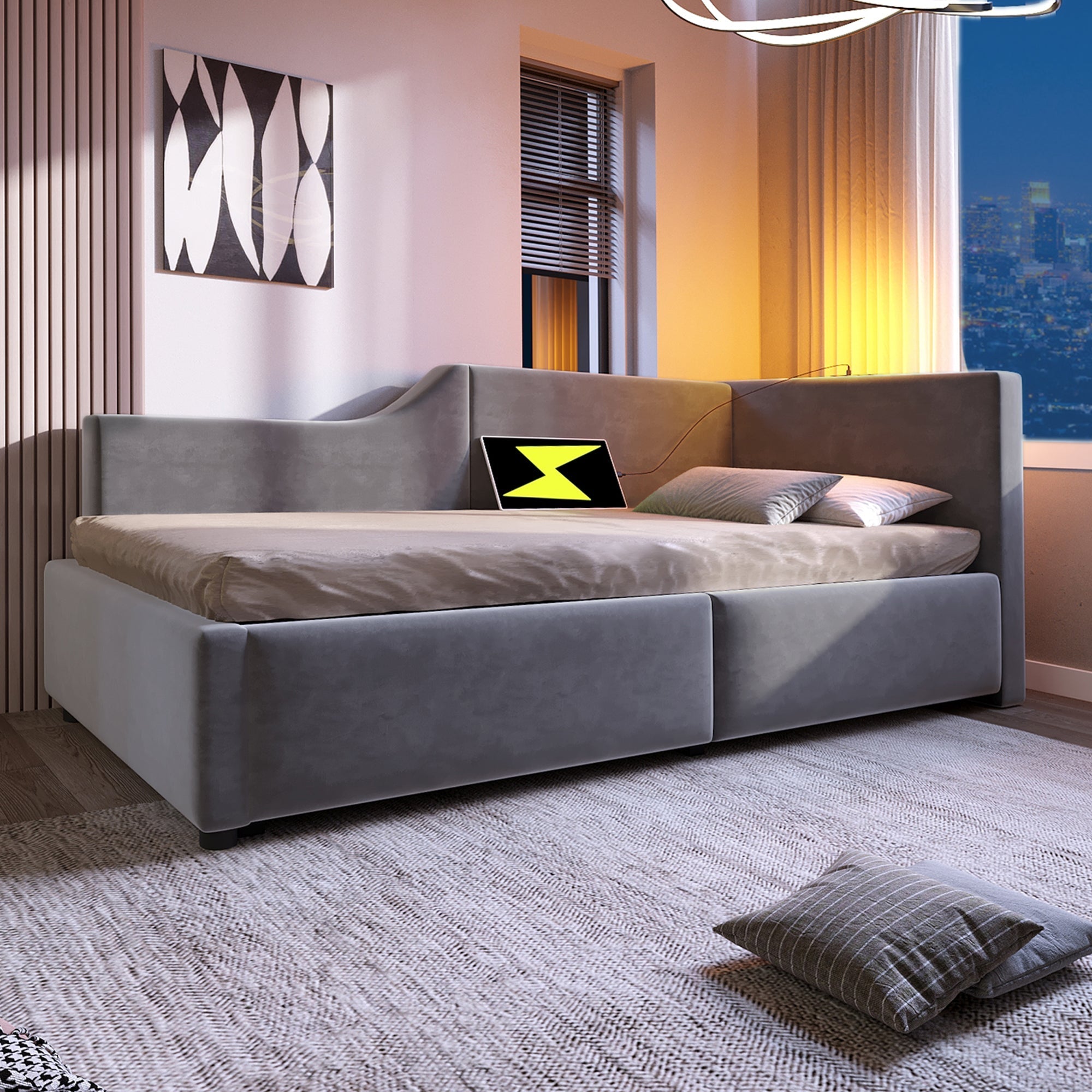 Upholstered Daybed 90x200cm, Sofa Bed with Hydraulic Storage, Reading Light, USB-C, Velvet Grey