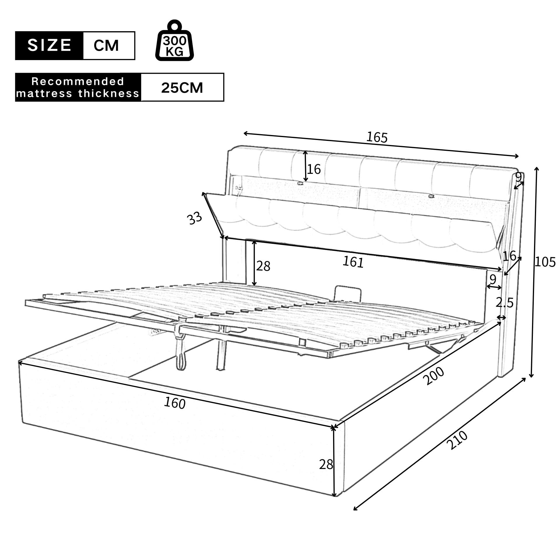 Upholstered Bed 160x200cm Hydraulic Storage Headboard Slatted Base PU - Black