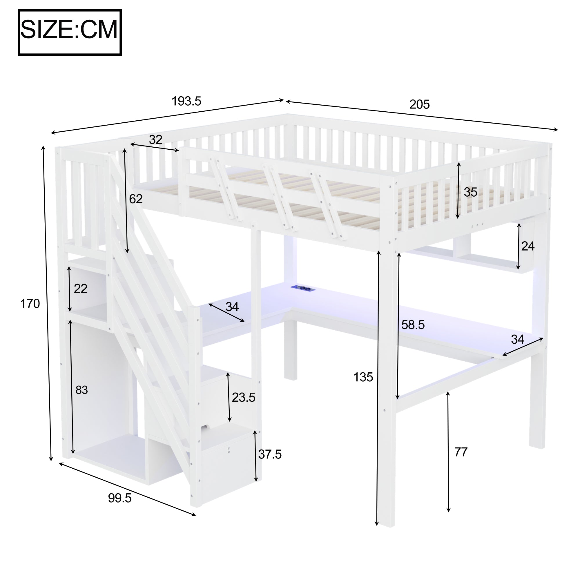 Solid Wood Loft Bed 140x200 with Desk, Storage Stairs, USB and LED, White