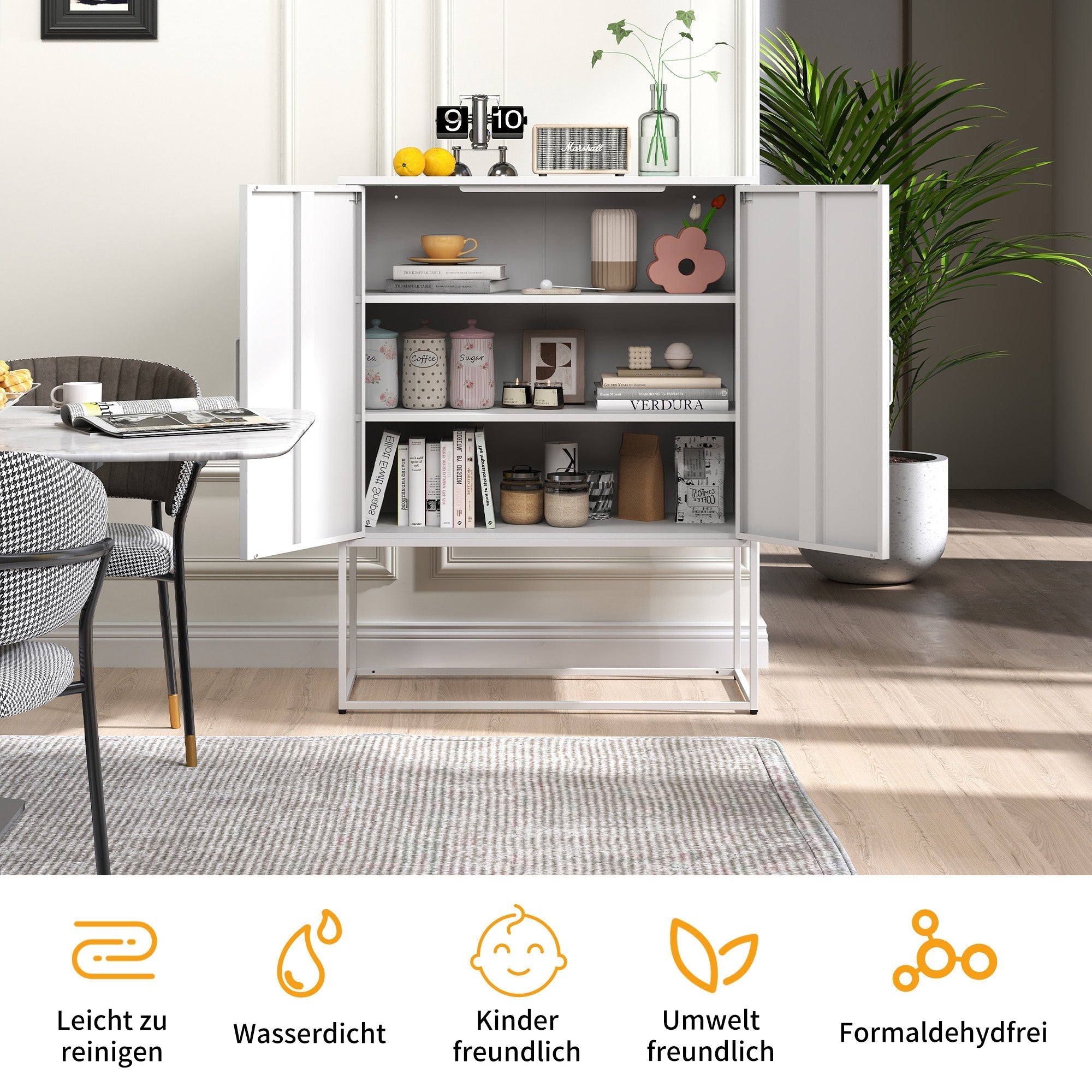 Metal Sideboard 2 Shelves Magnetic Doors Freestanding - White