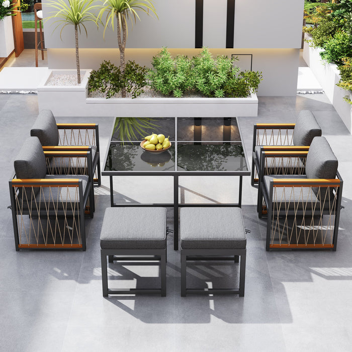 7-Piece Outdoor Dining Set for 6, Tempered Glass Table, Acacia Wood