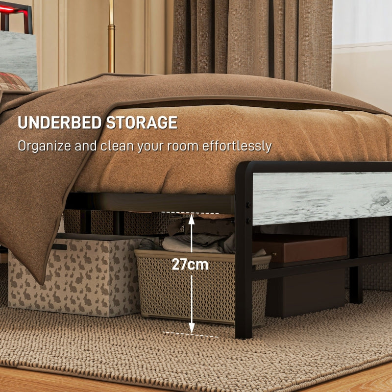 Single Bed Frame with LED Lights and Headboard Shelf, Steel Grey