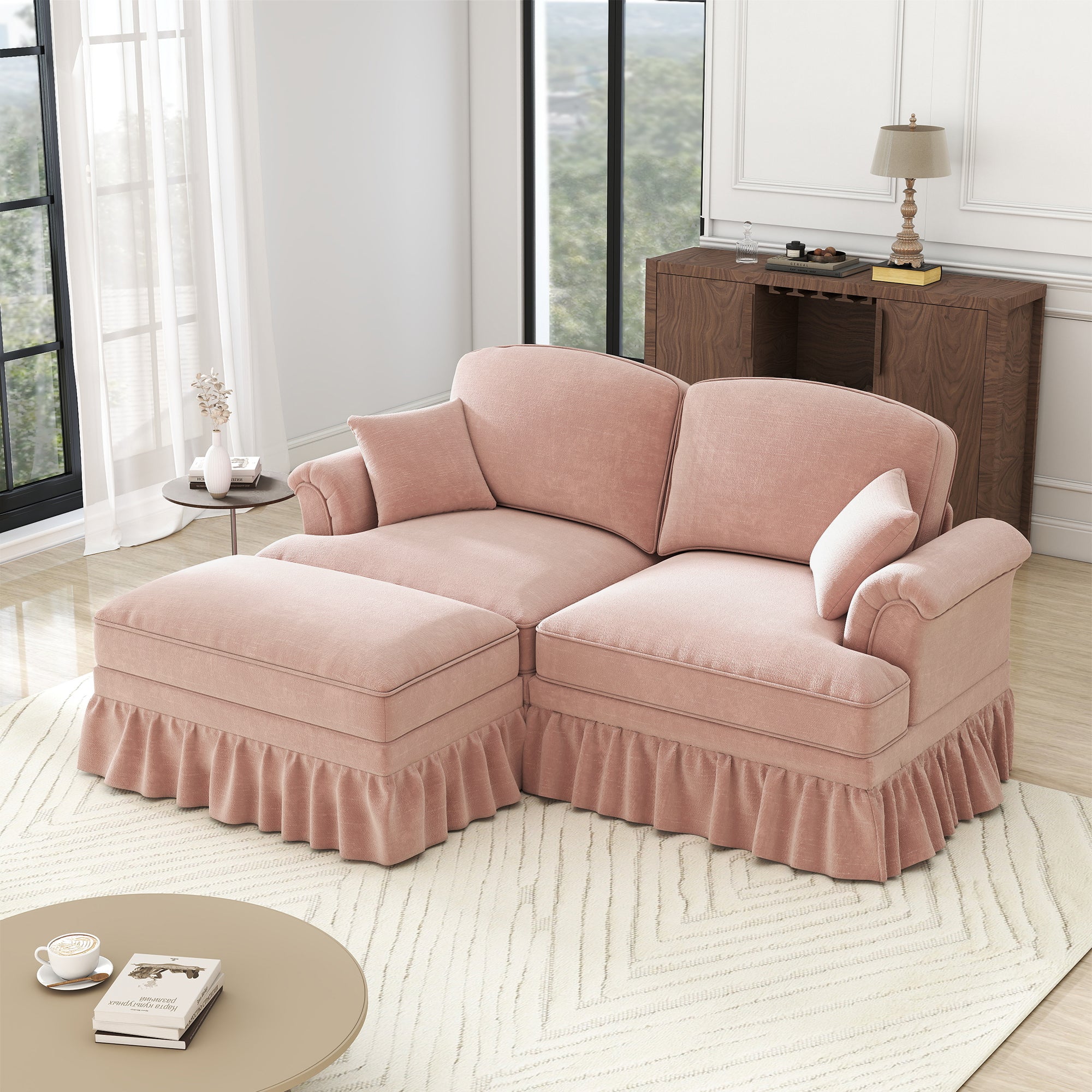 Modular L-Shaped Sofa Mid-Century 2-Seater Movable Ottoman - Pink Chenille