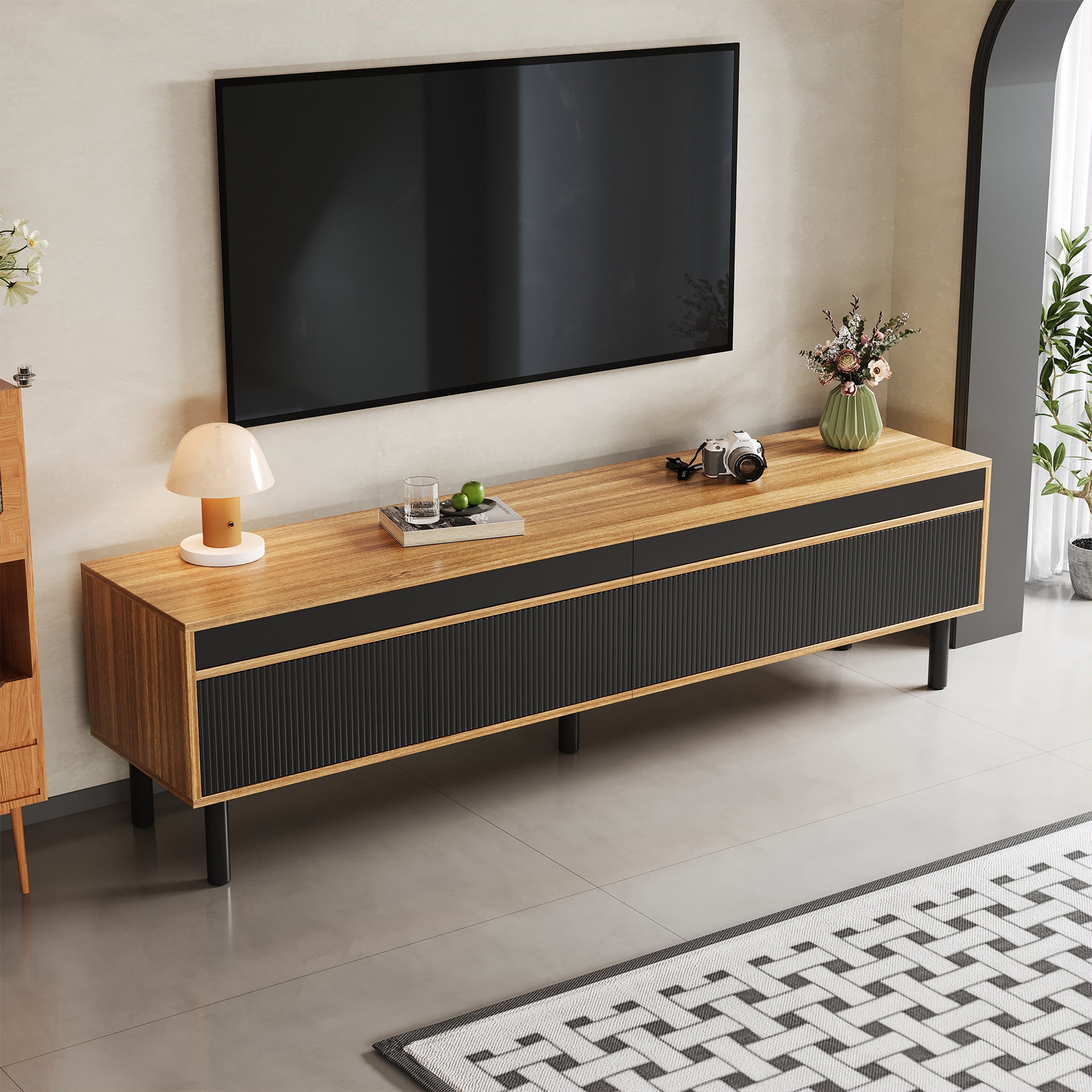 TV Cabinet with TV Panel, 4 Doors, Fine Texture, Black or Natural Wood