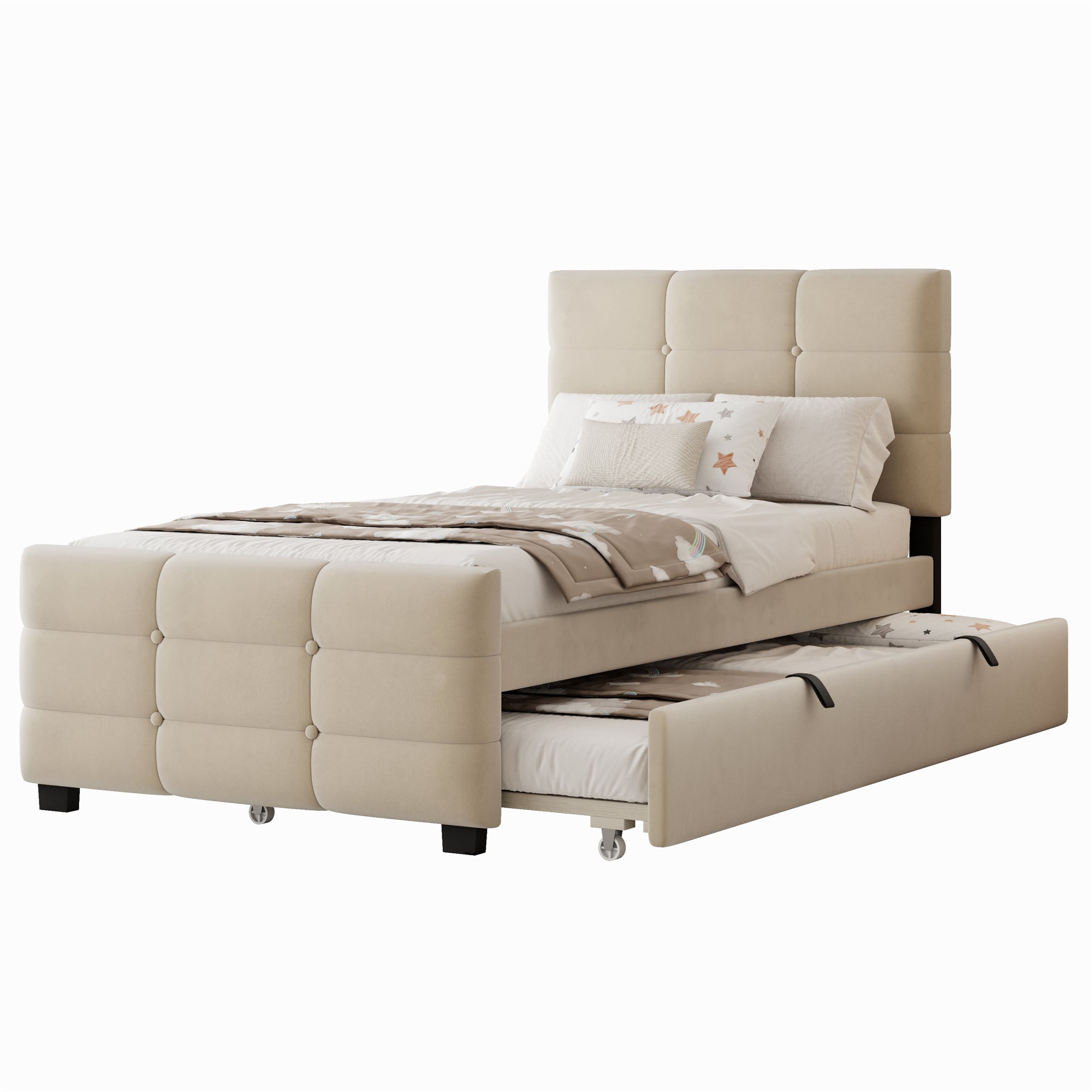 Upholstered Single Bed with Pull-out Guest Bed and Slatted Frame, 90x190cm, Beige Velvet