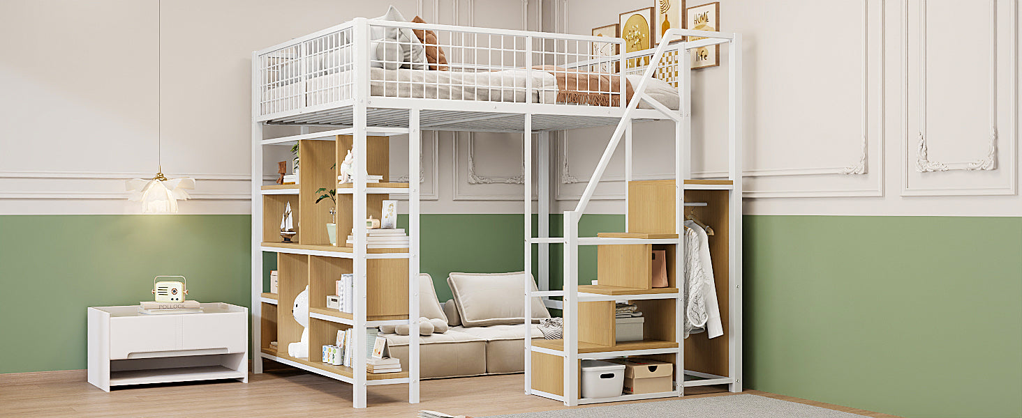 Loft Bed 140x200cm Storage Shelves Stairs - White Metal