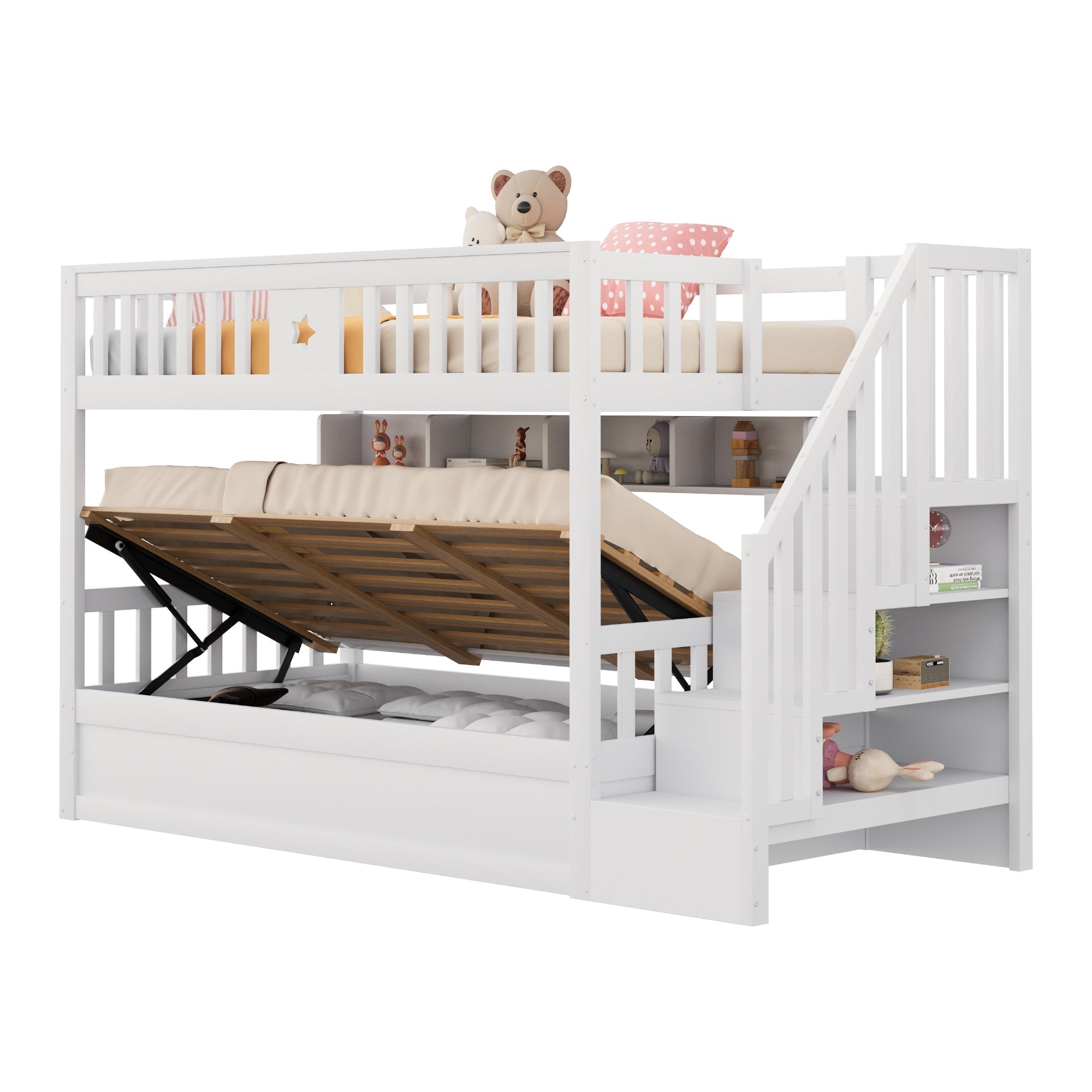 Wooden Bed 90x200cm, Hydraulic Storage, Stairs, Shelves, Loft/Bunk/Youth Bed, White