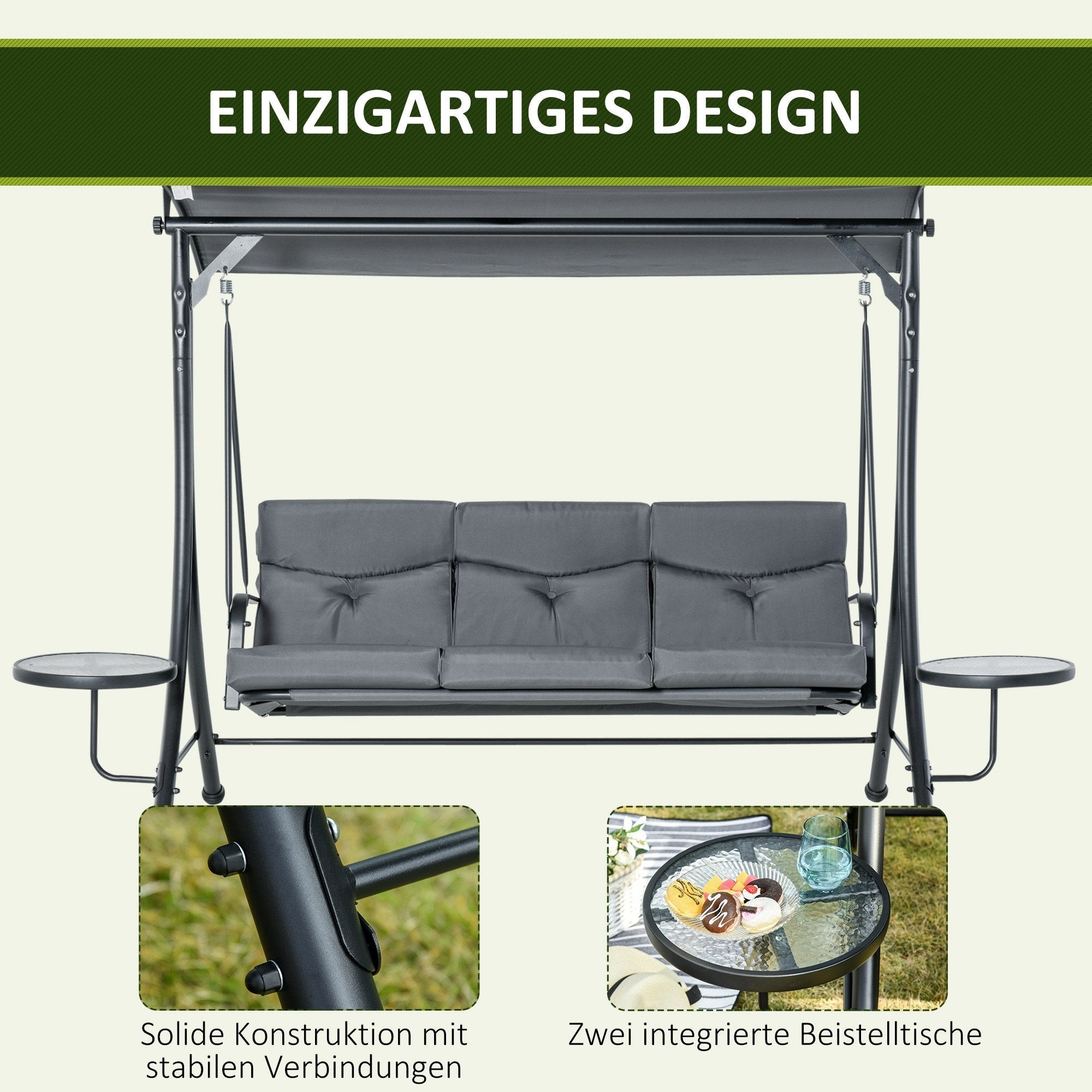 Hollywood Swing 3-Seater with Adjustable Sunshade, Tea Table, Steel Polyester Grey/Black