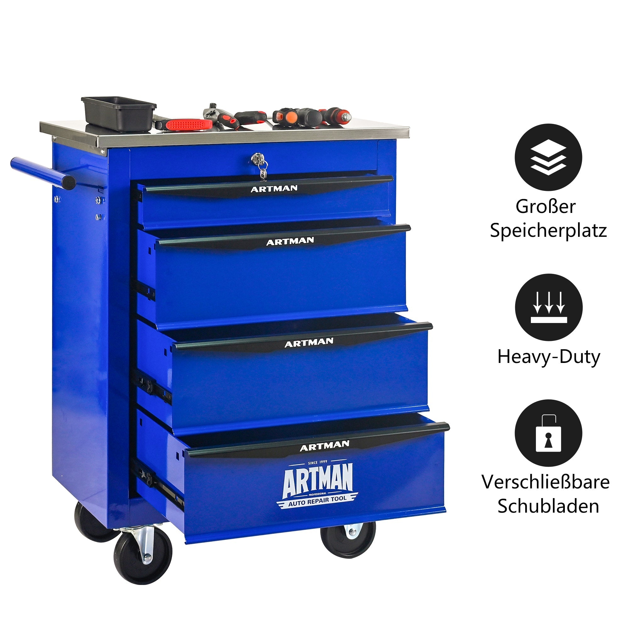 4-Drawer Tool Trolley, Multifunctional Rolling Storage, Metal, Black & Blue