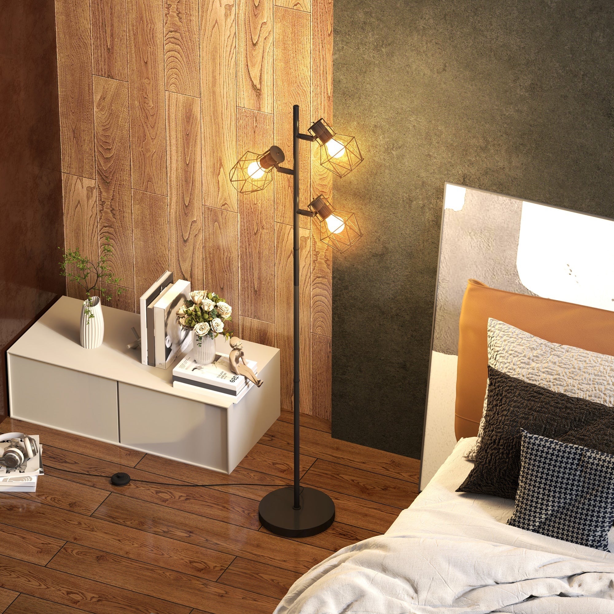 Floor Lamp, 3 E27 Sockets 40W Adjustable Flames 169cm, Black Metal