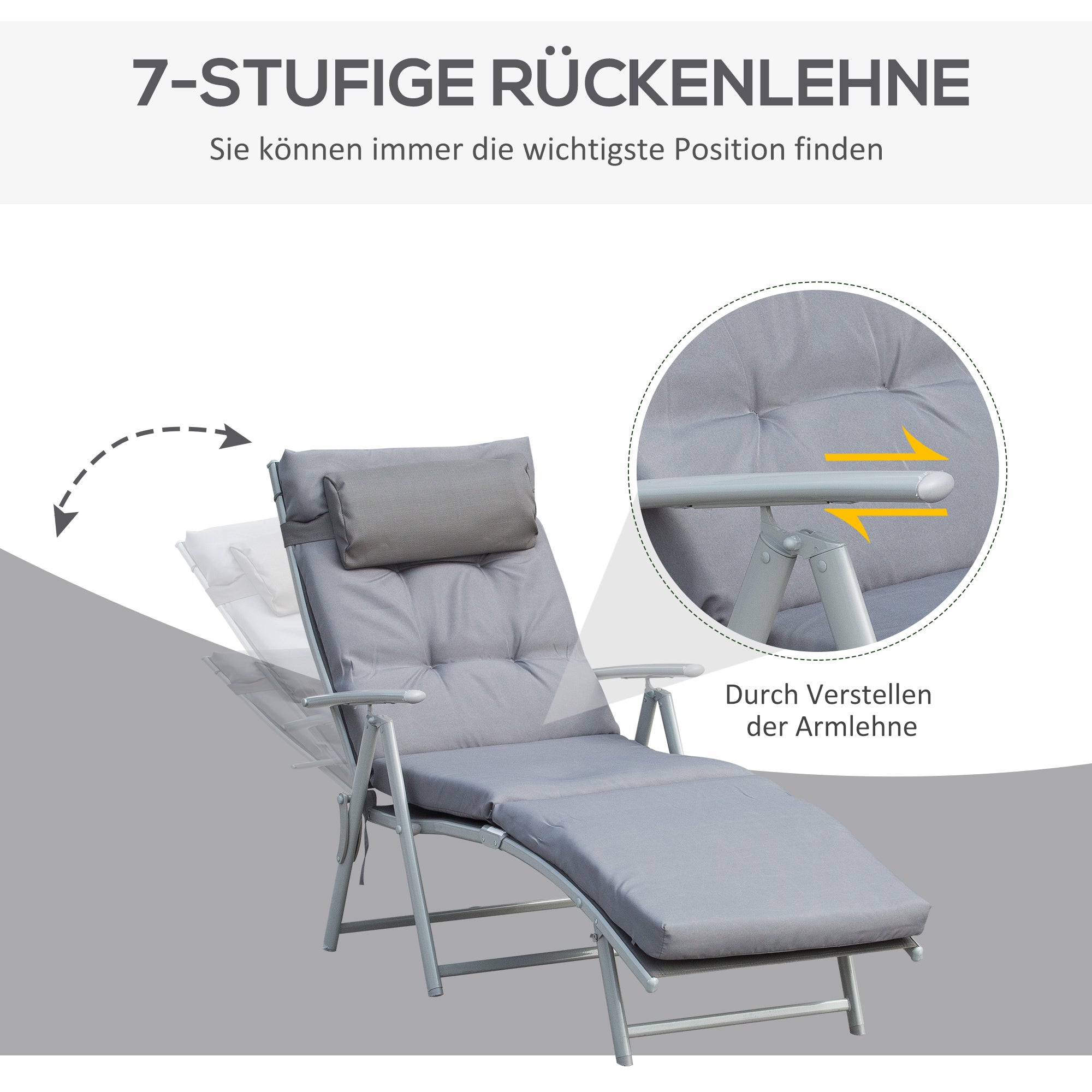 Sun Lounger/Beach/Garden, Foldable Adjustable with Cushion, Metal/Fabric Grey