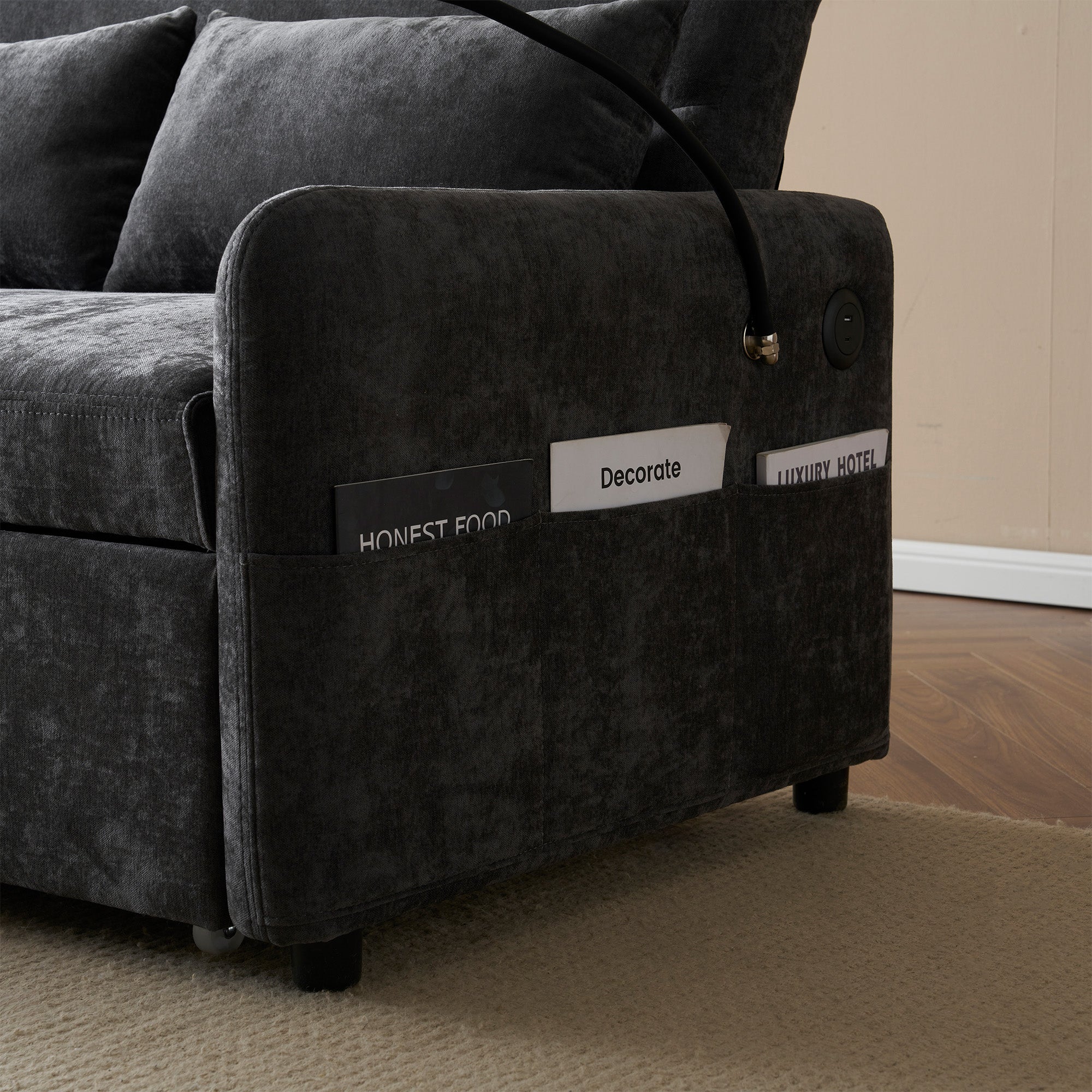 Sofa Bed, Modern Double Folding with Adjustable Backrest, Mobile Holder & USB Port