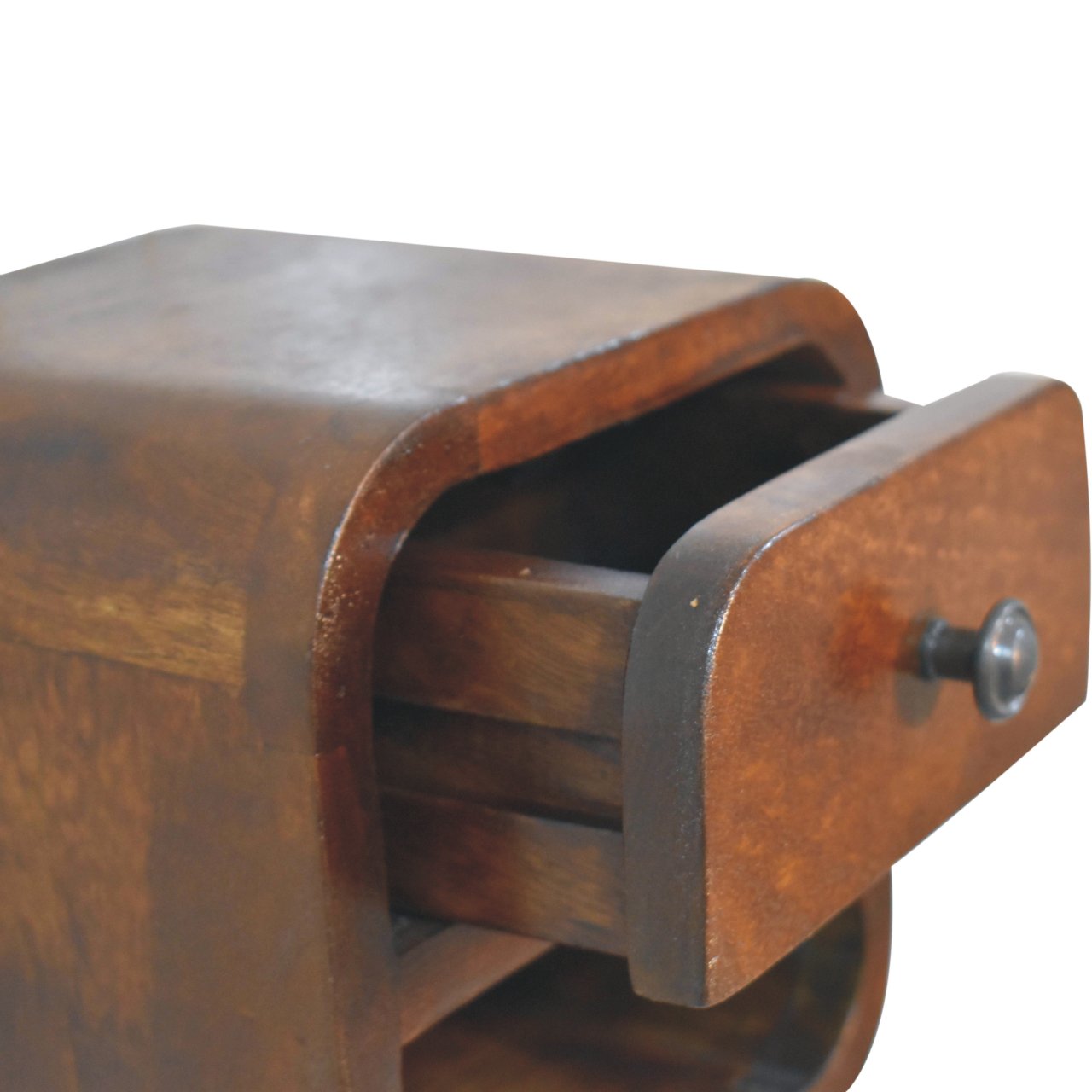 Solid Wood Extra Mini Curved Bedside, 1 Drawer and Open Shelf, Dark Brown