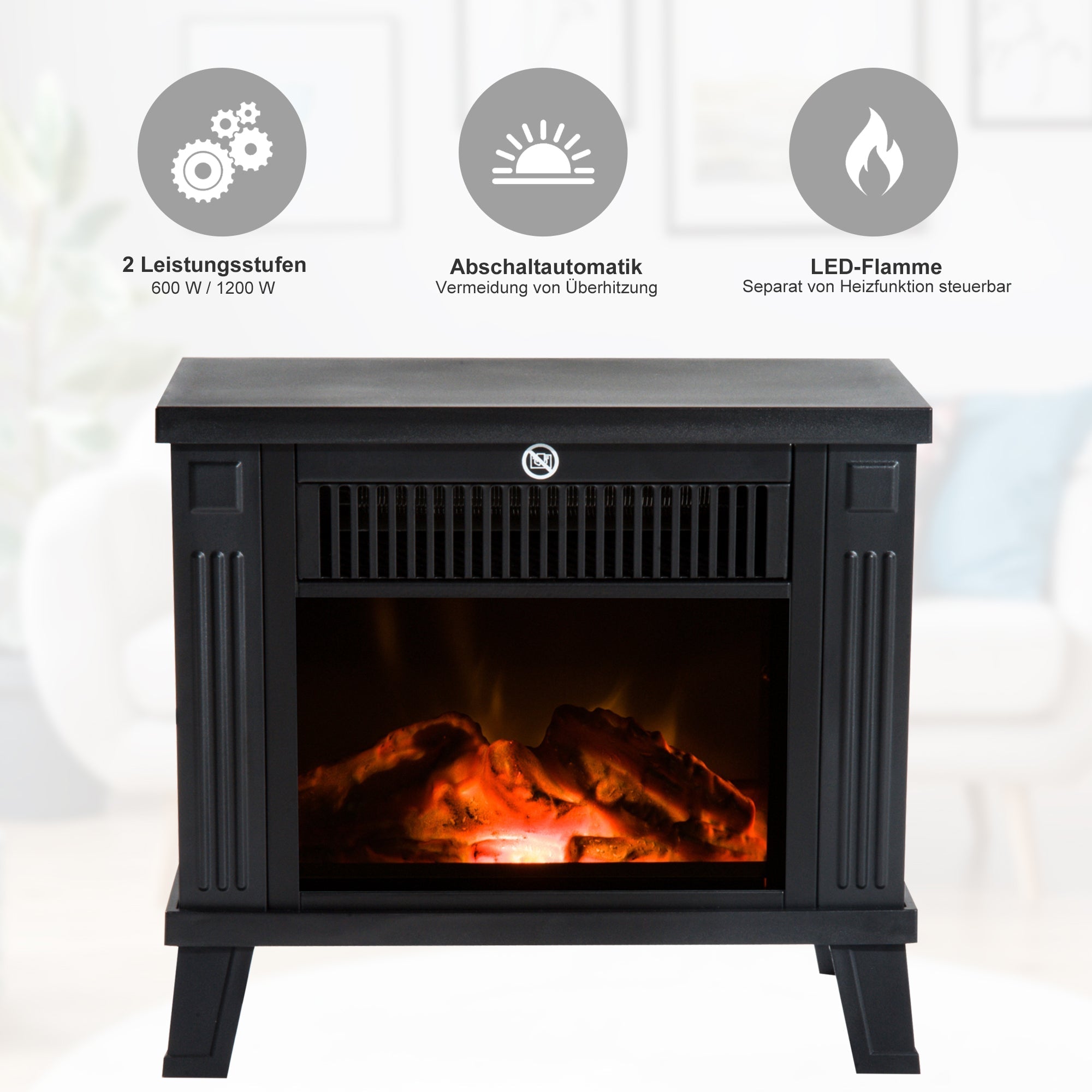 Elektrischer Kamin stehend, Flammeneffekt, 600/1200W, Metall Schwarz