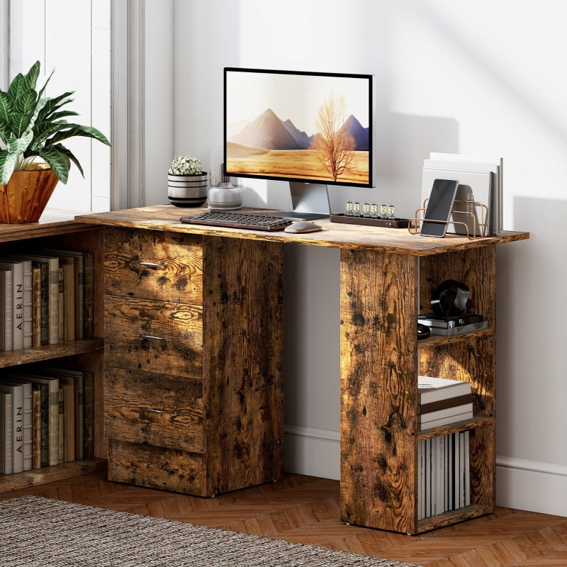 Computer Desk PC Workstation with 3 Shelves and Drawers Rustic Brown