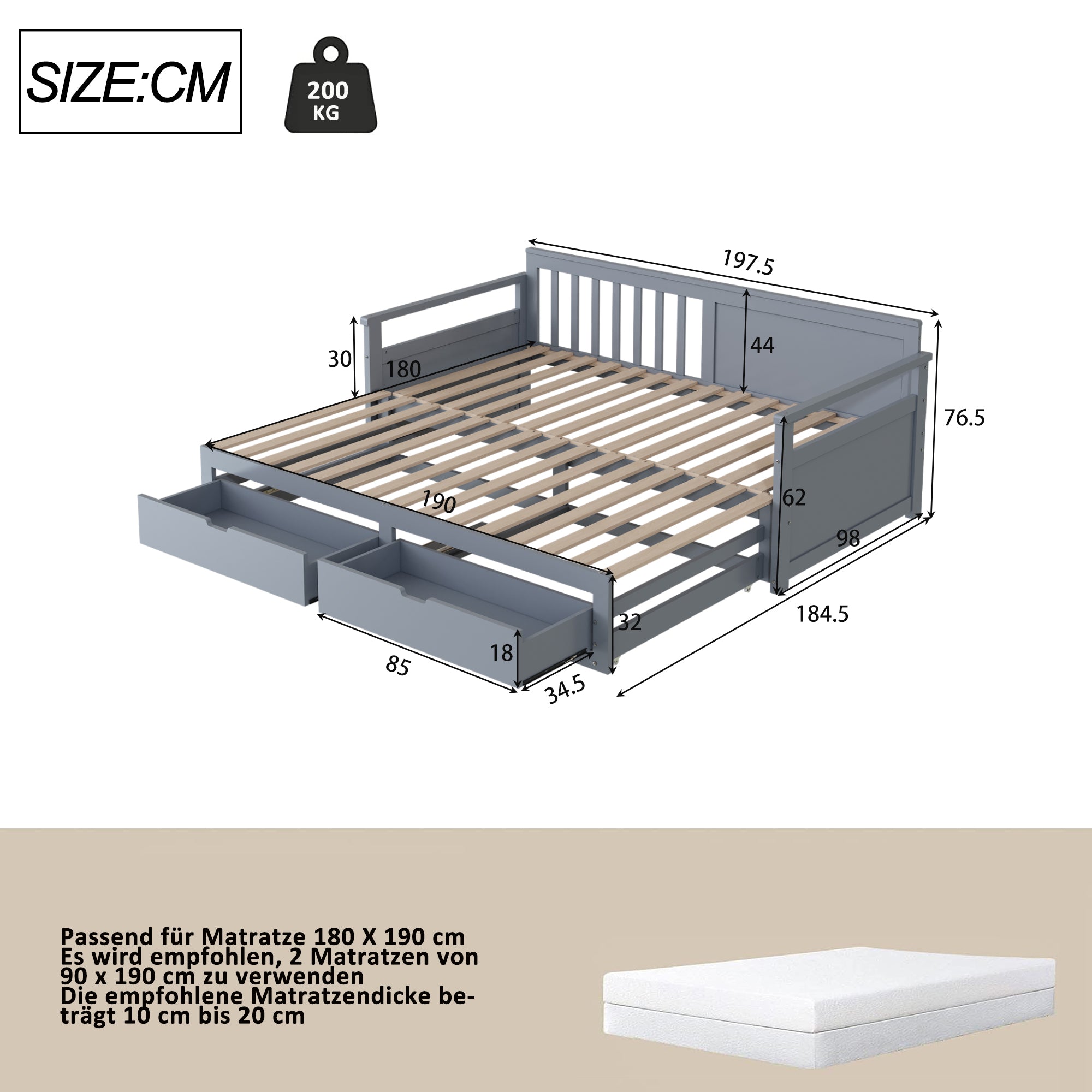 Day Bed, Multifunctional Two-in-One with Drawers, Pull-Out, Pine, Grey