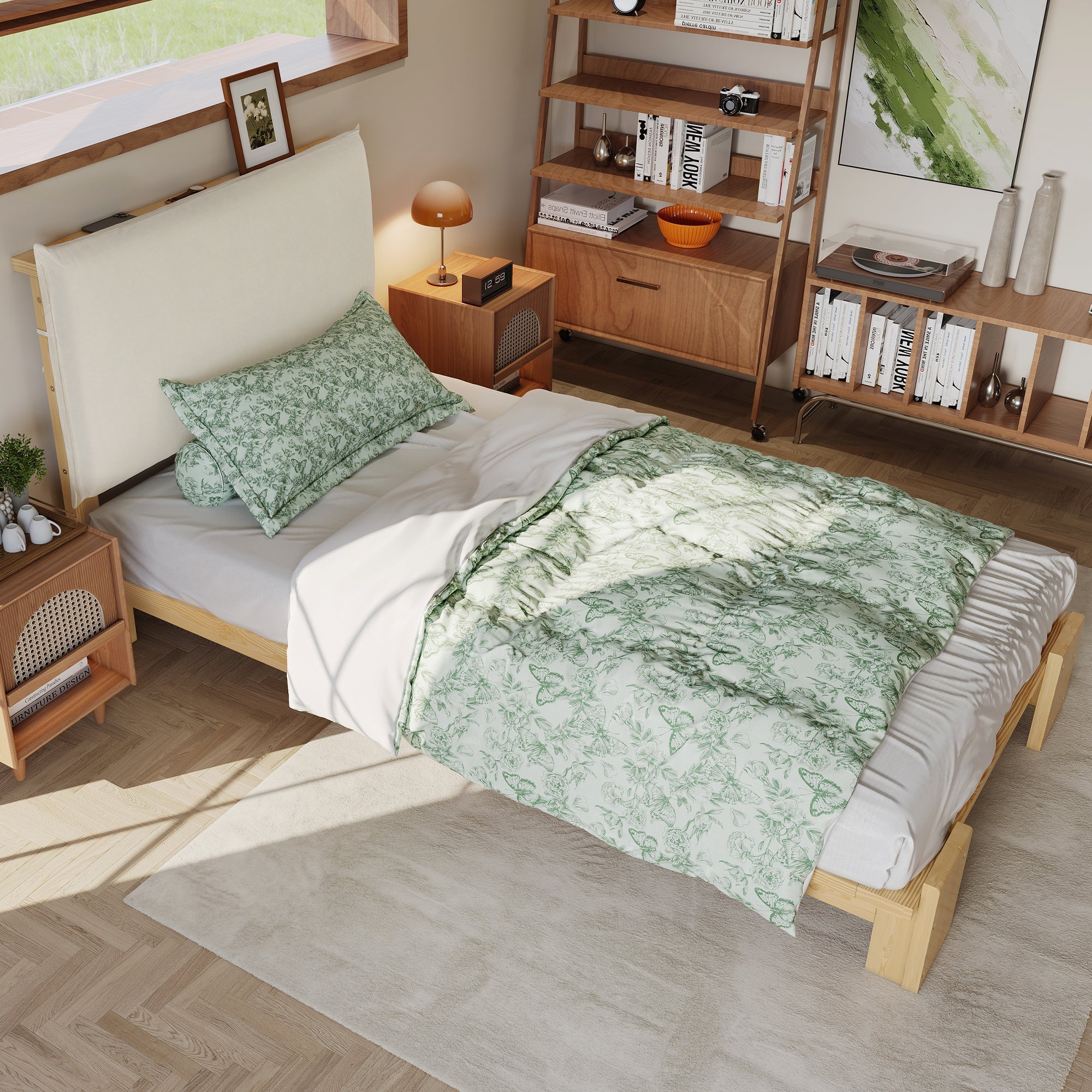Upholstered Bed, Padded Headboard with Velcro and Sturdy Slatted Base, Pine and Plywood, Natural