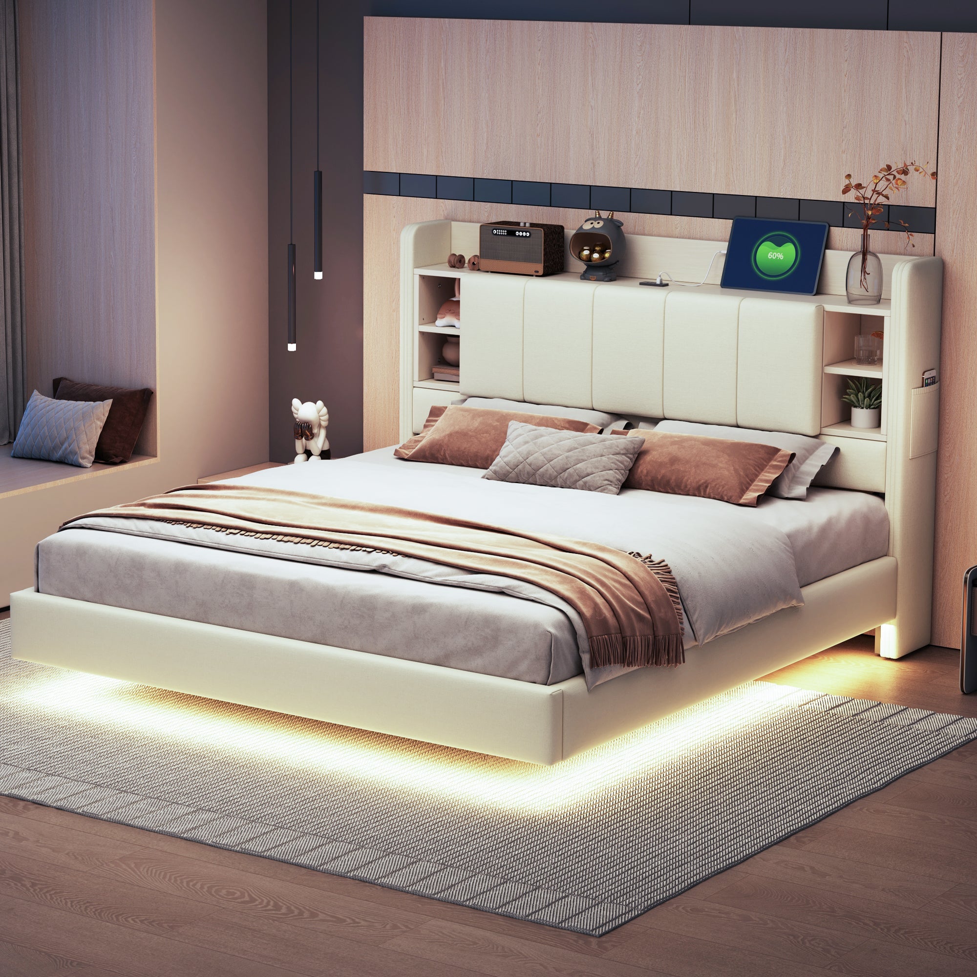 Upholstered Bed 160x200cm, USB Socket, LED Light, Reversible Headboard Storage, Linen Beige