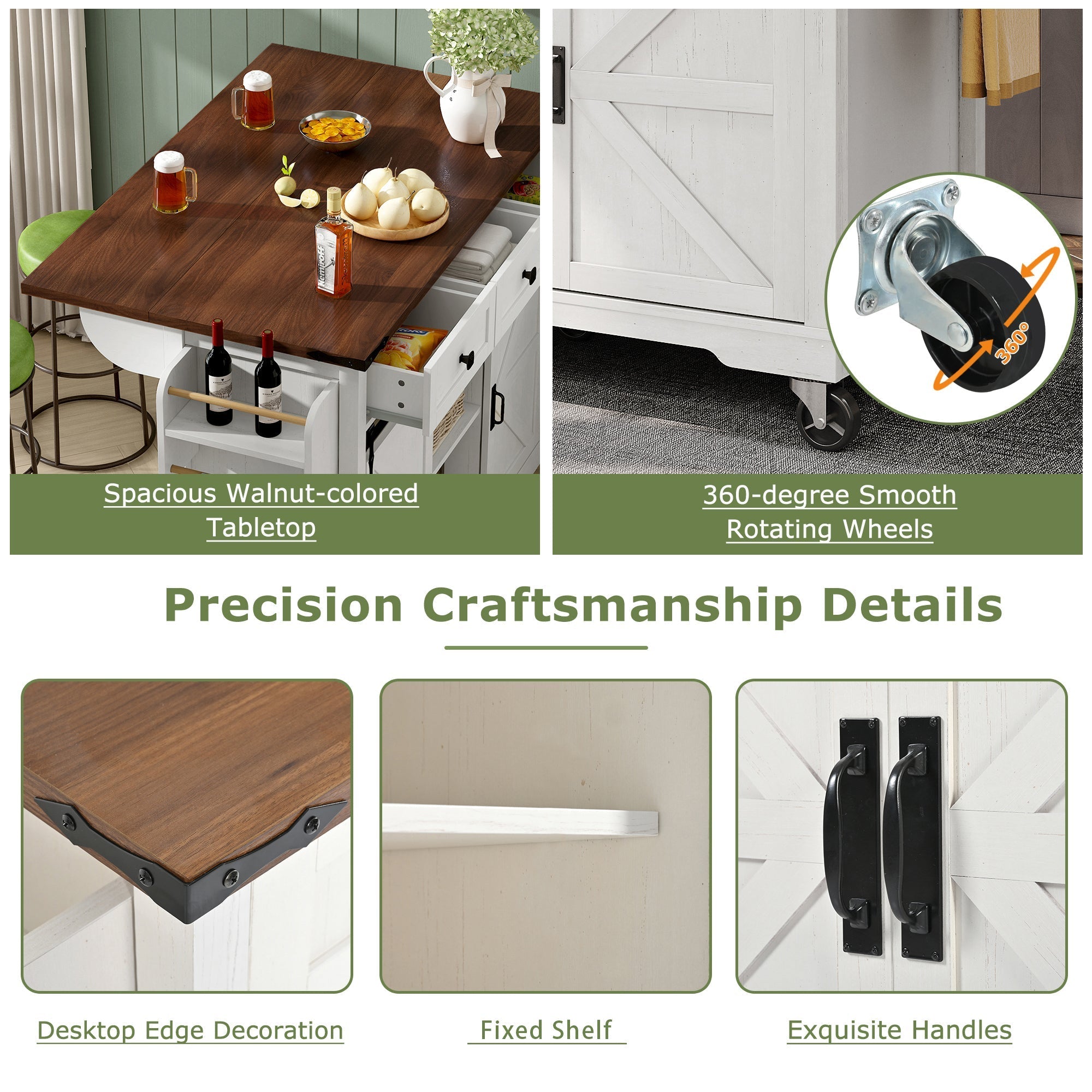 Kitchen Island Serving Cart with Extendable Worktop and 3 Drawers, Wood Grain