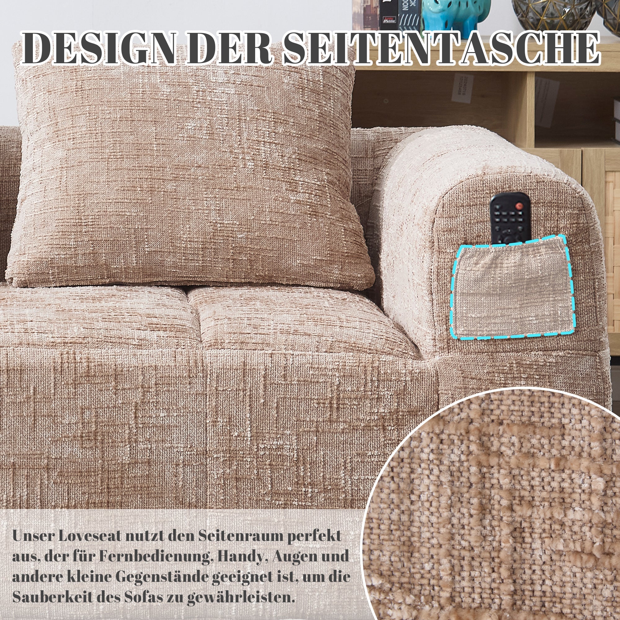 Sofa, 2-Person Plush No Assembly Side Pockets, Khaki