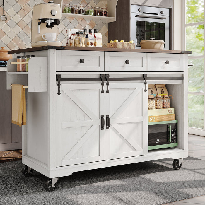 Kitchen Island Mobile Extendable Worktop 2 Sliding Doors 3 Drawers - Wood Grain