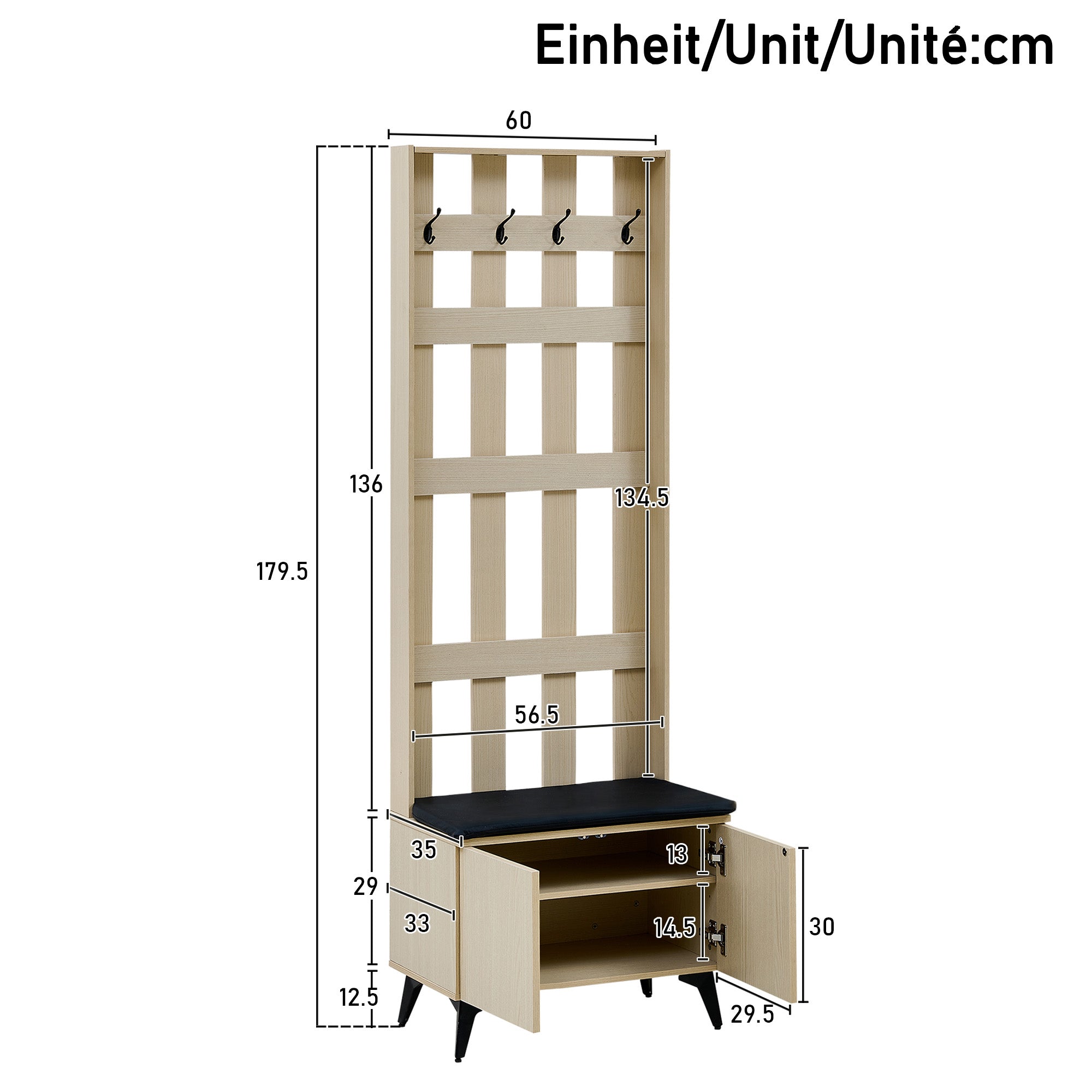 Modern Wardrobe with Bench and 4 Hooks, Storage, Black Steel Legs